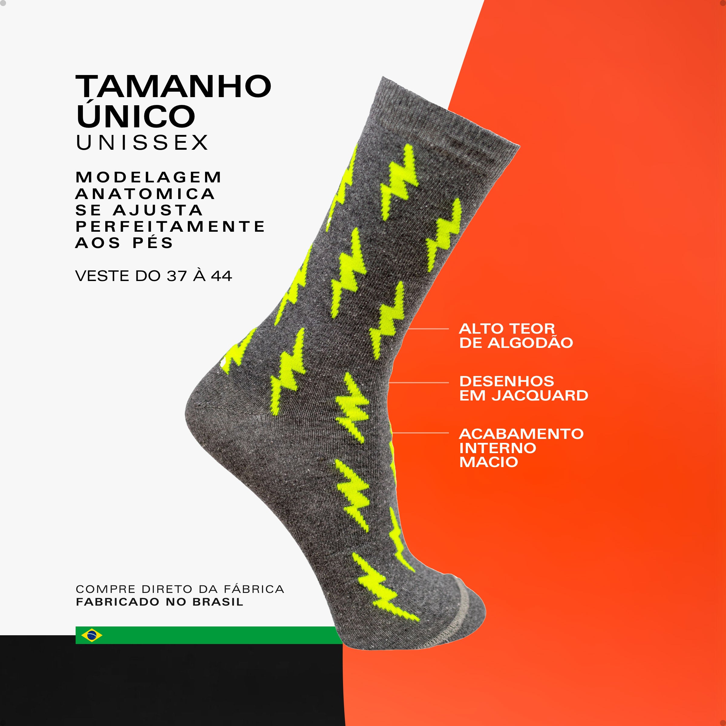 Meia Divertida Estampada Oddo Cano Longo Cinza Raio Verde