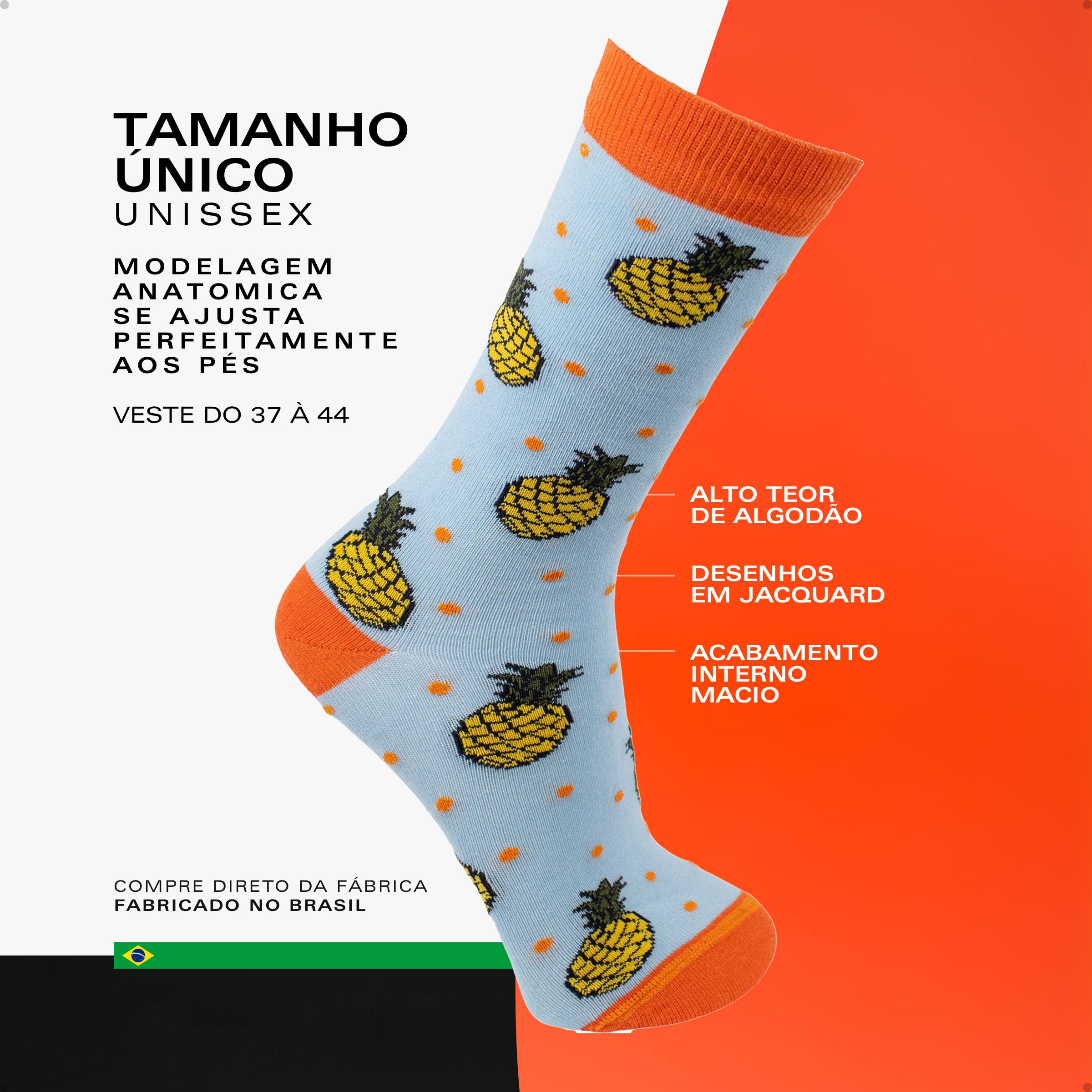 Meia Divertida Estampada Oddo Cano Longo Azul Abacaxi