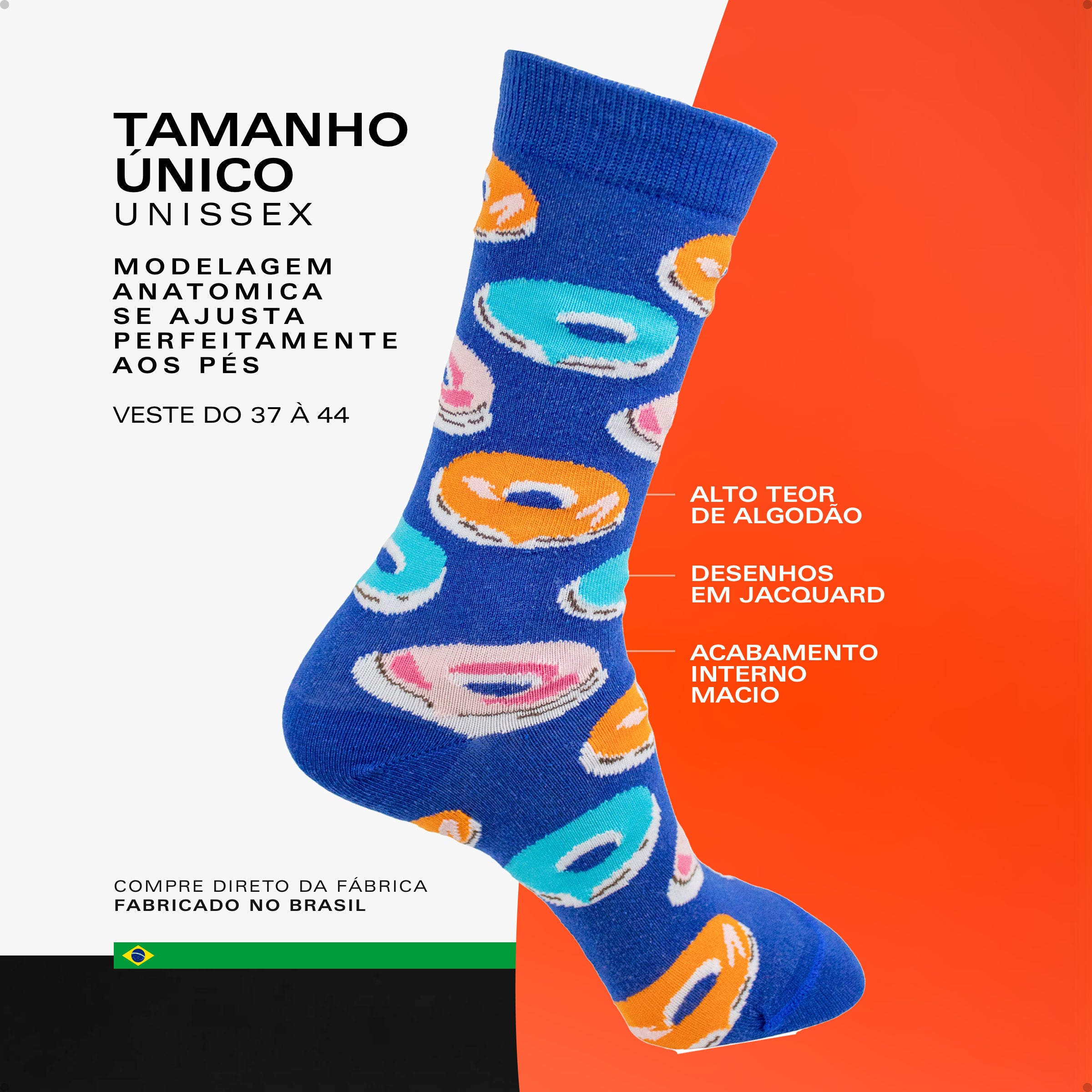 Meia Divertida Estampada Oddo Cano Longo Azul Royal Donut