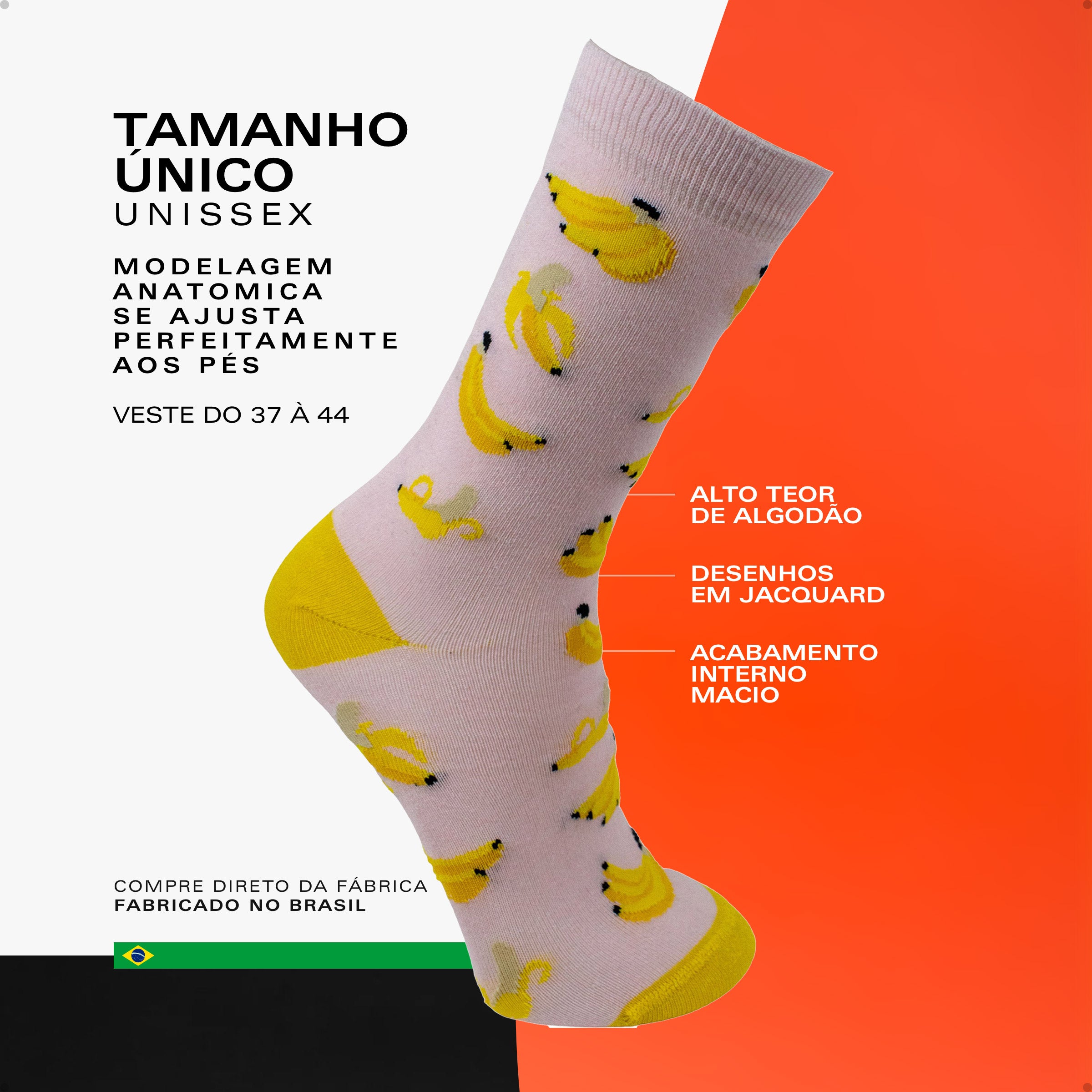 Meia Divertida Estampada Oddo Cano Longo Rosa Banana