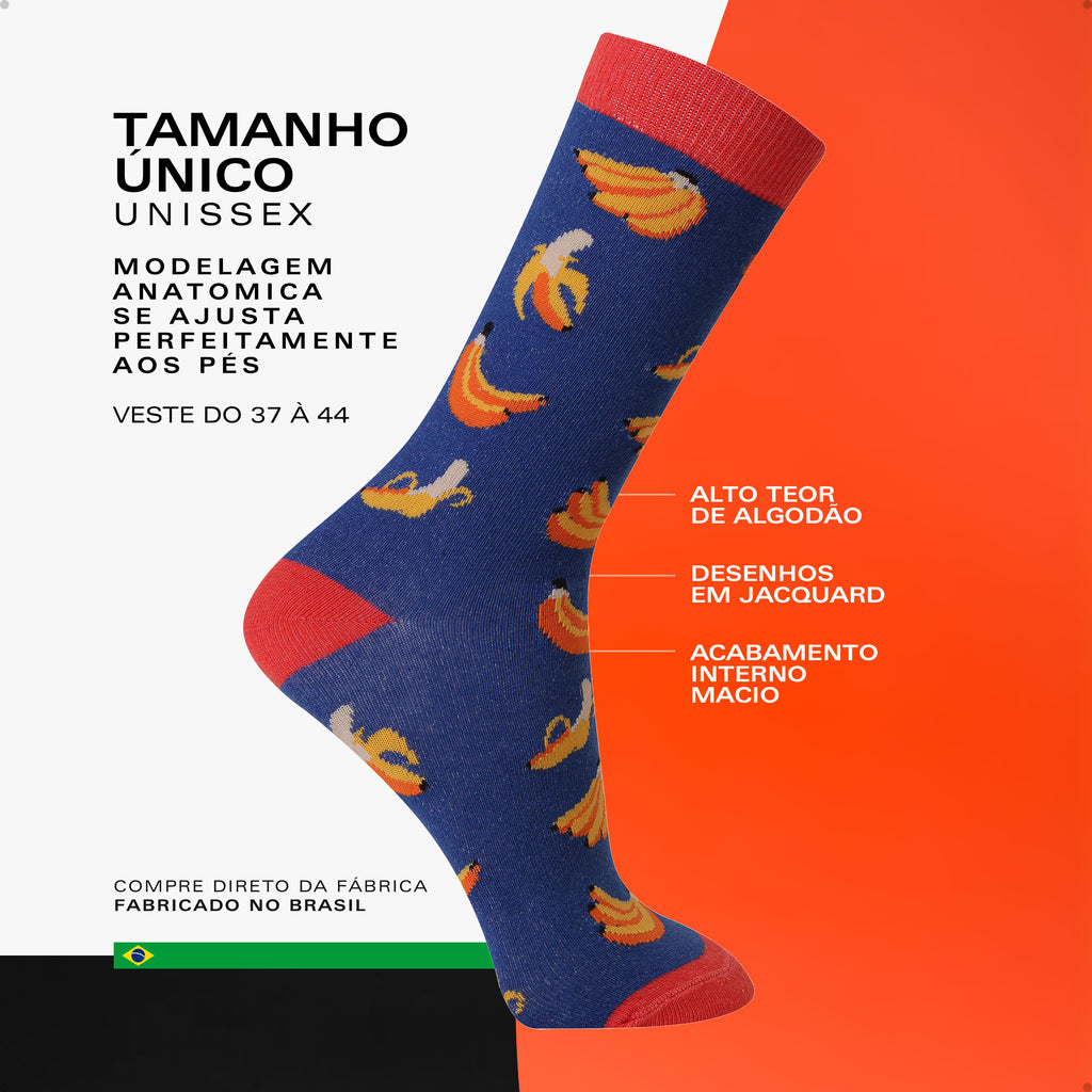 Meia Divertida Estampada Oddo Cano Longo Azul Banana