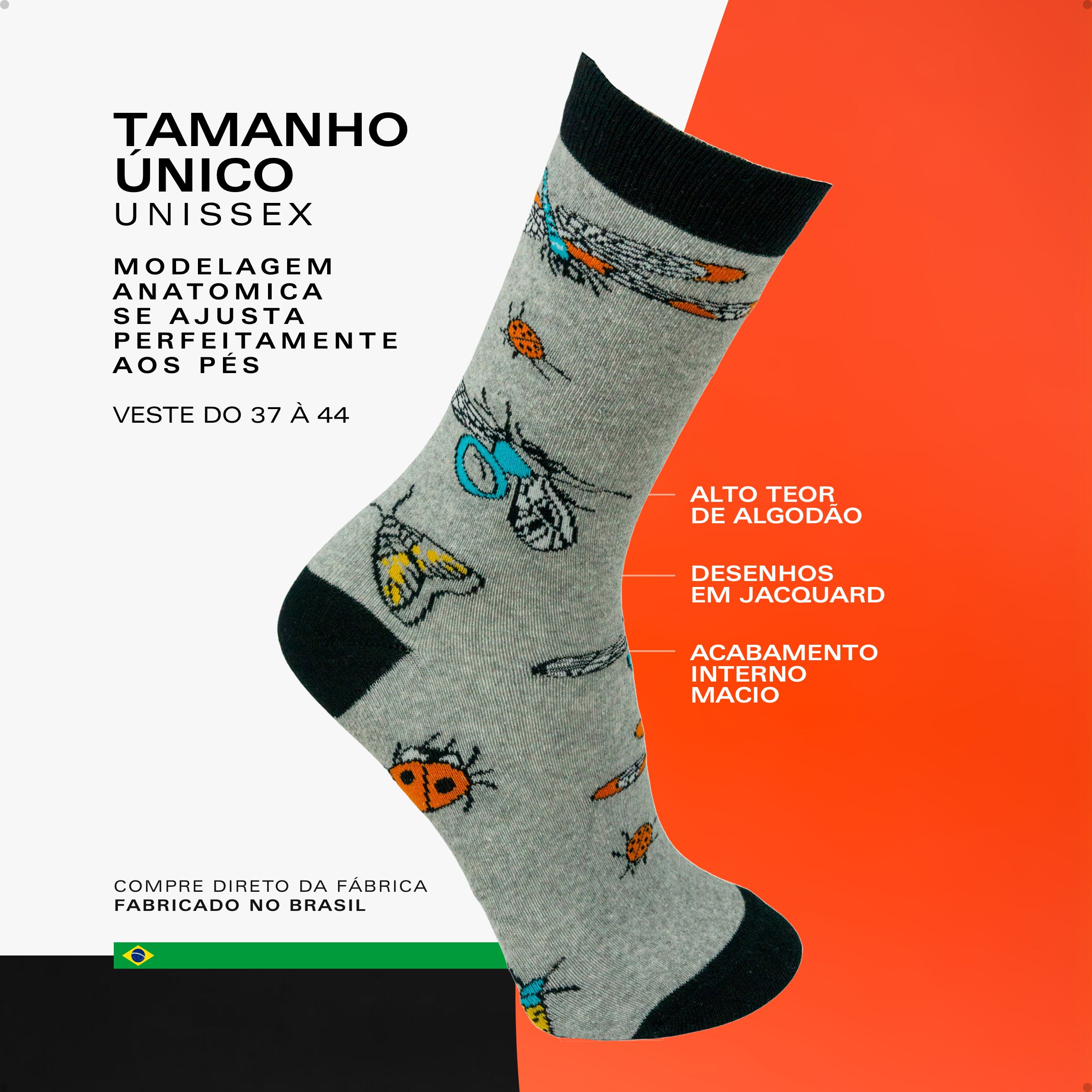 Meia Divertida Estampada Oddo Cano Longo Cinza Insetos Borboleta Joaninha