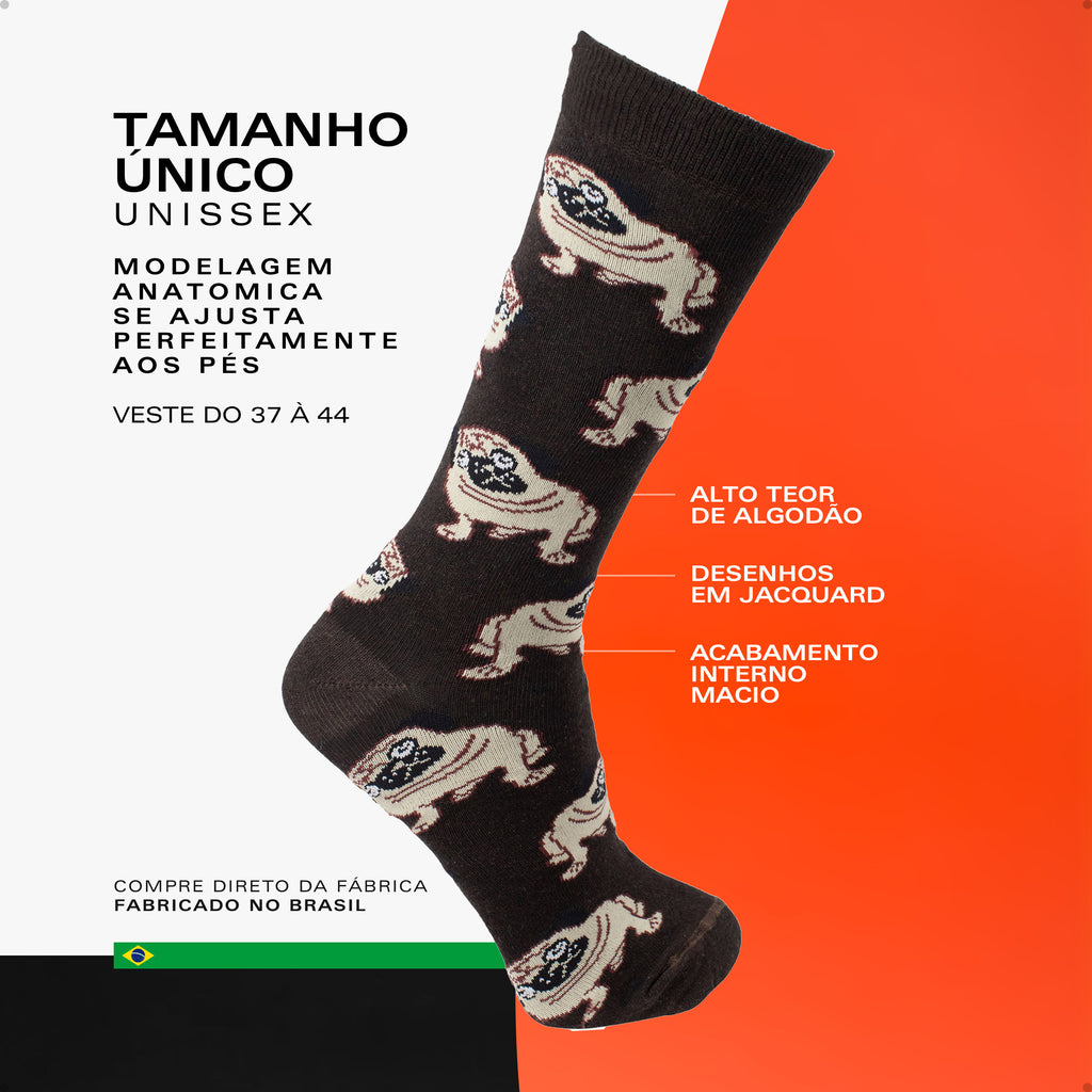 Meia Divertida Estampada Oddo Cano Longo Marrom Cachorro Pug