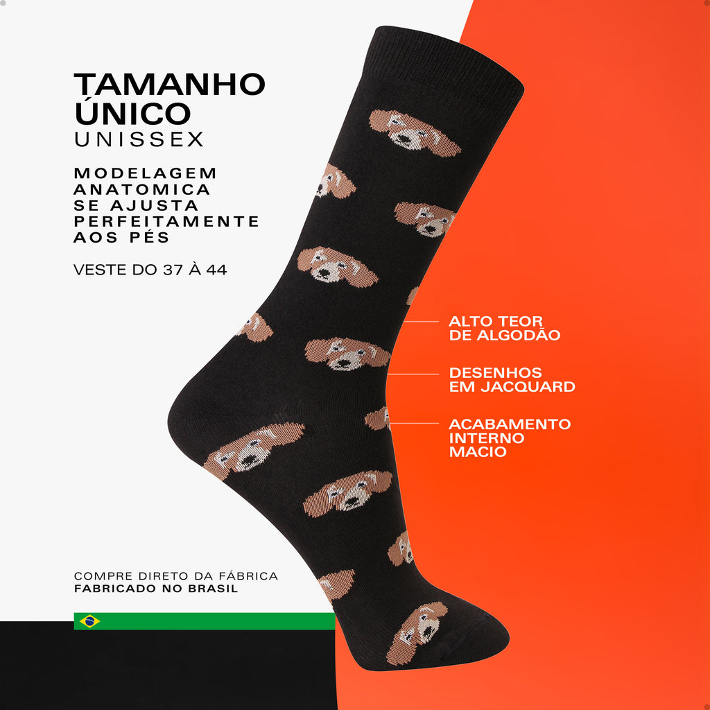 Meia Divertida Estampada Oddo Cano Longo Preta Cachorro Salsicha Basset Dachshund