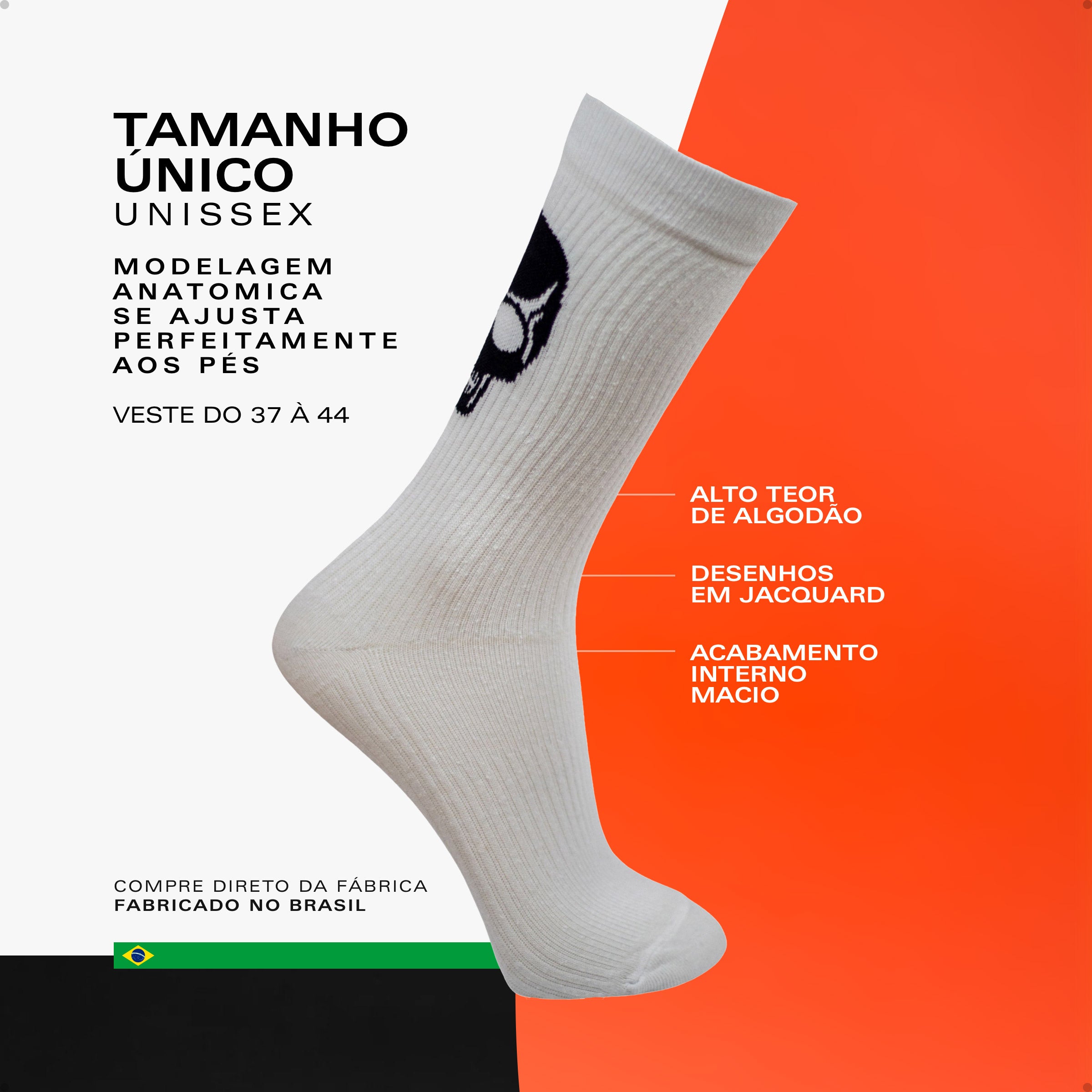 Meia Divertida Estampada Oddo Cano Longo Branca Caveira