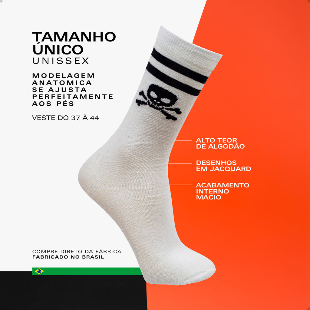 Meia Divertida Estampada Oddo Cano Longo Branca Caveira Com Listras