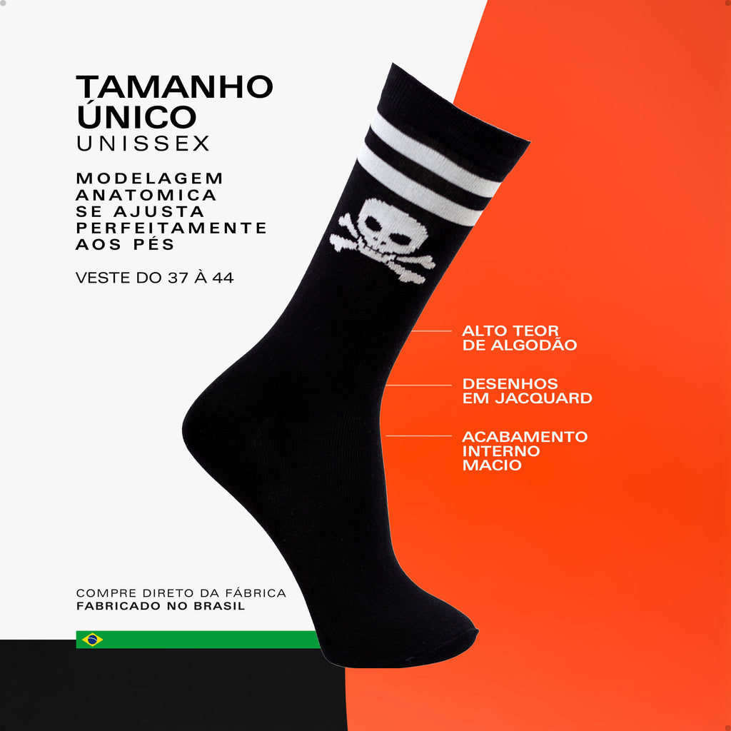 Meia Divertida Estampada Oddo Cano Longo Preta Caveira Com Listras