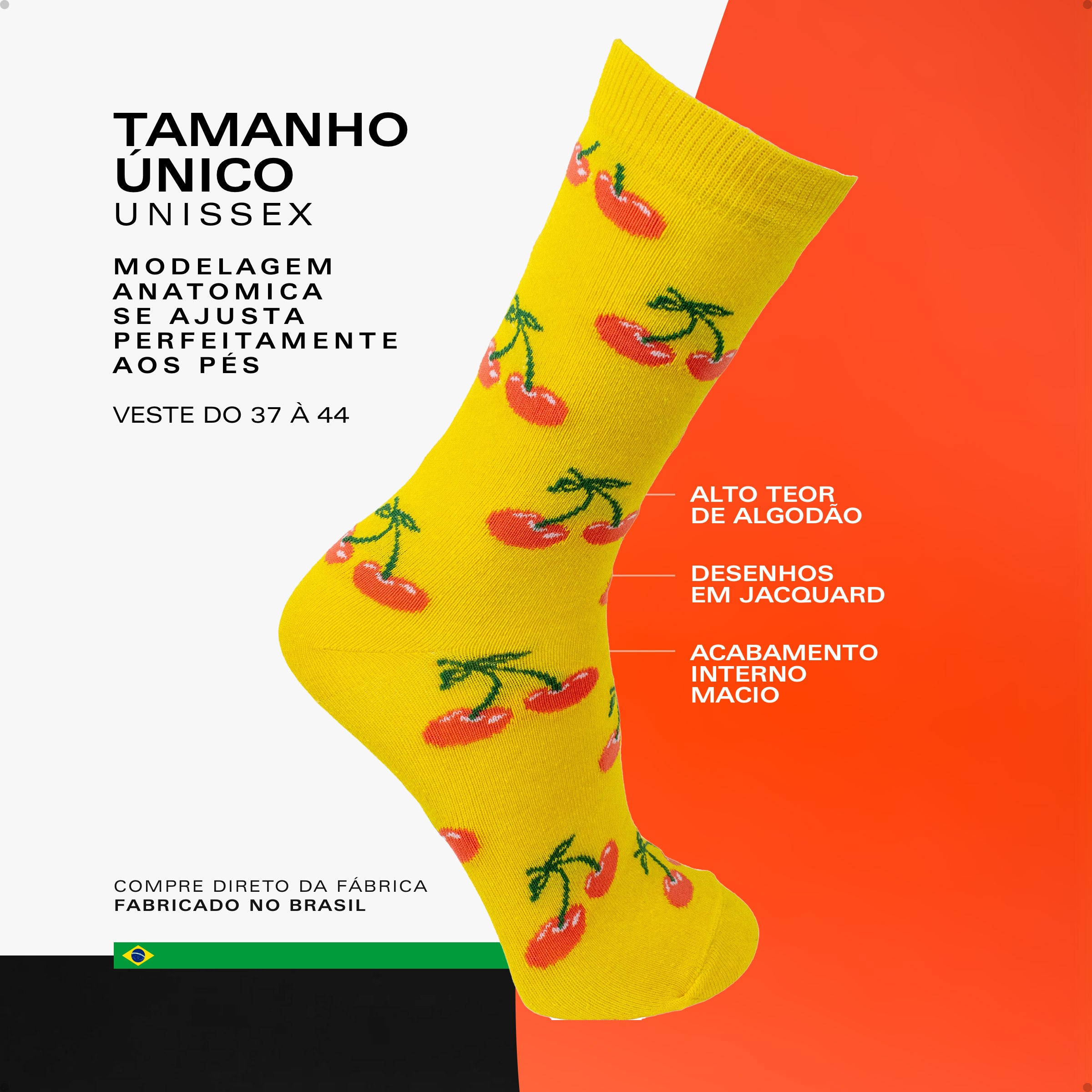 Meia Divertida Estampada Oddo Cano Longo Amarela Cereja