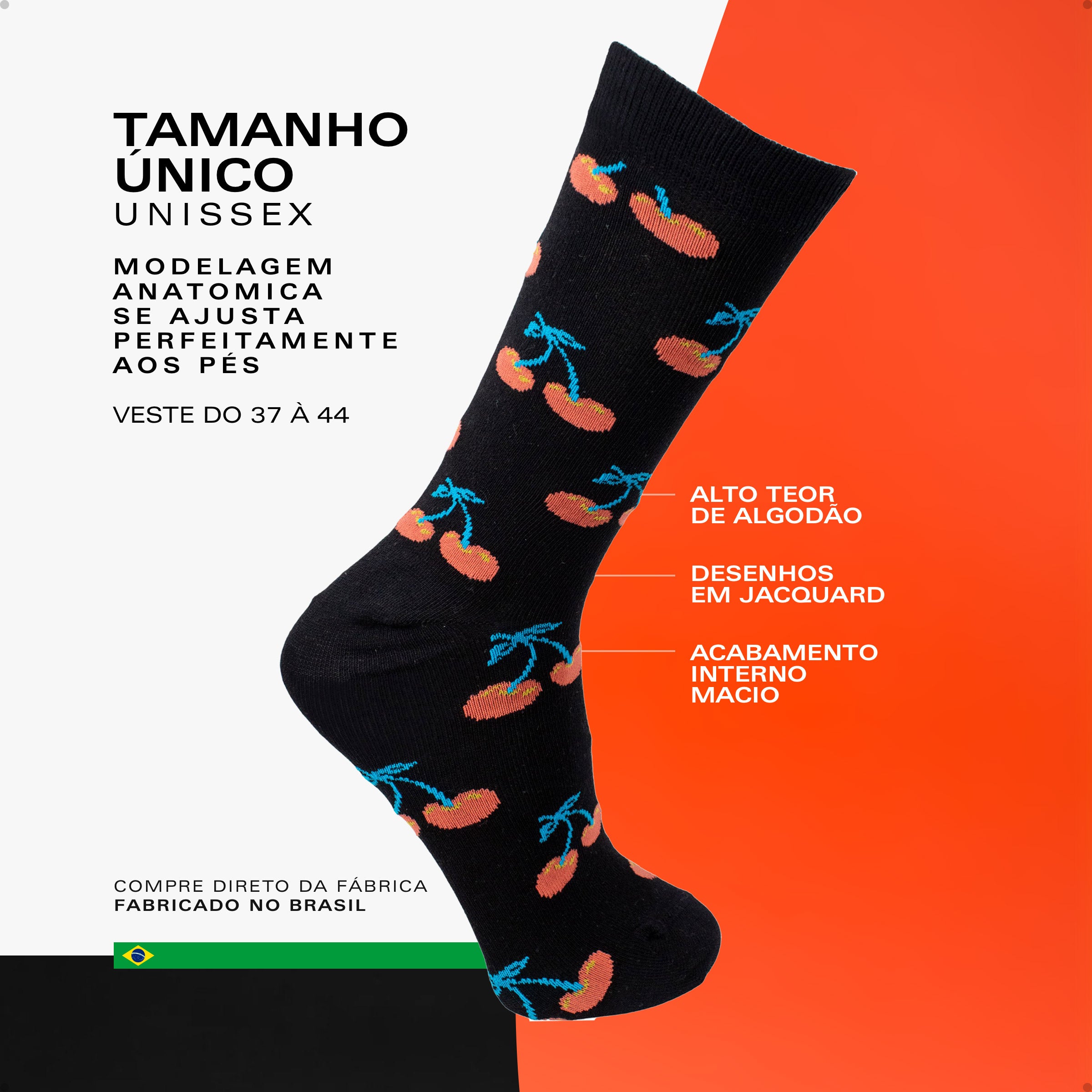 Meia Divertida Estampada Oddo Cano Longo Preta Cereja