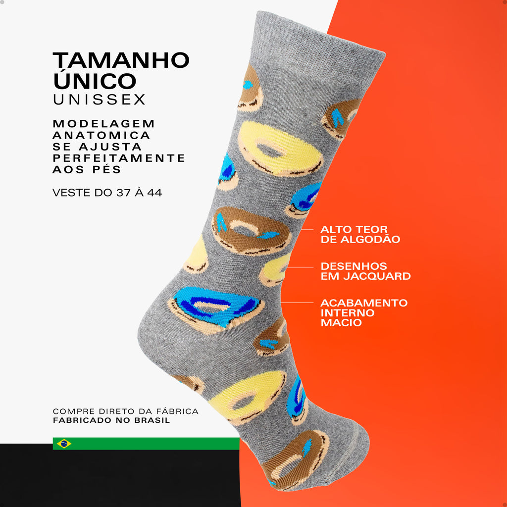 Meia Divertida Estampada Oddo Cano Longo Cinza Amarelo Azul Donut