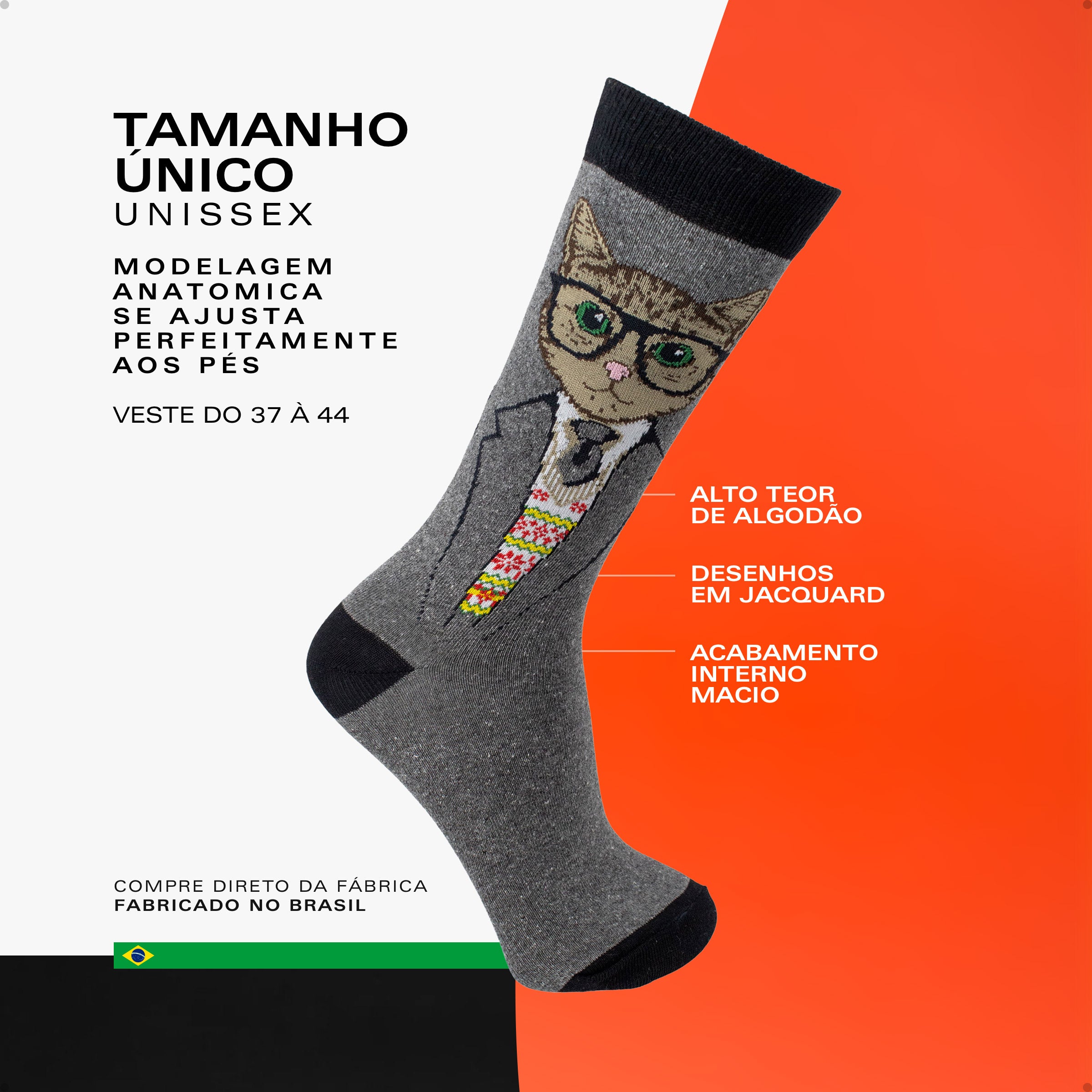 Meia Divertida Estampada Oddo Cano Longo Preta Cinza Gato Com Óculos