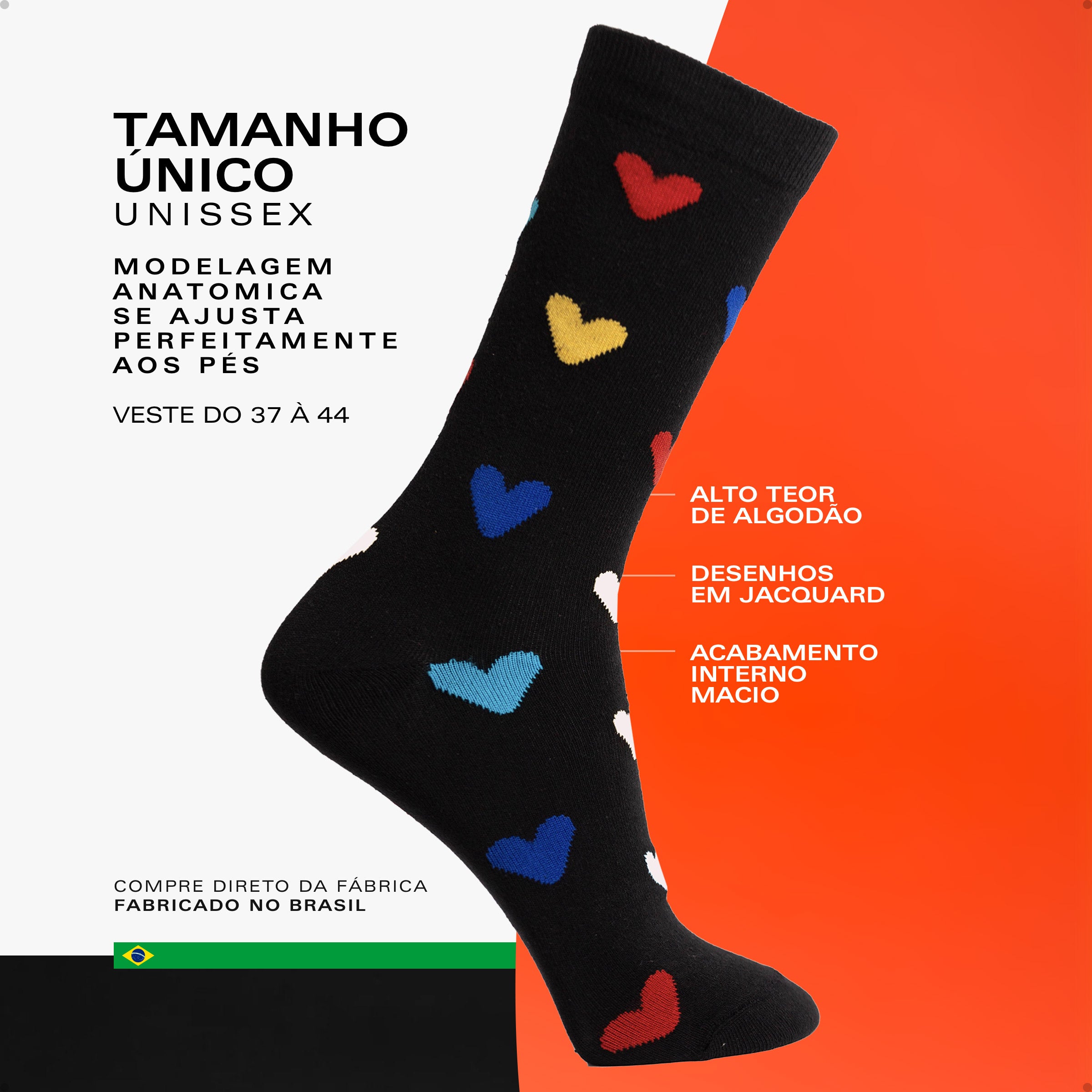 Meia Divertida Estampada Oddo Cano Longo Preta Corações Coloridos