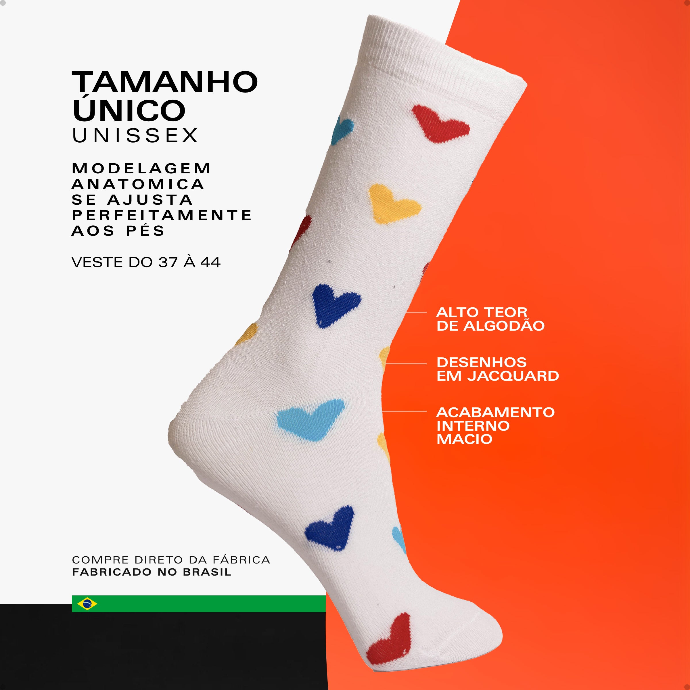 Meia Divertida Estampada Oddo Cano Longo Branca Corações Coloridos