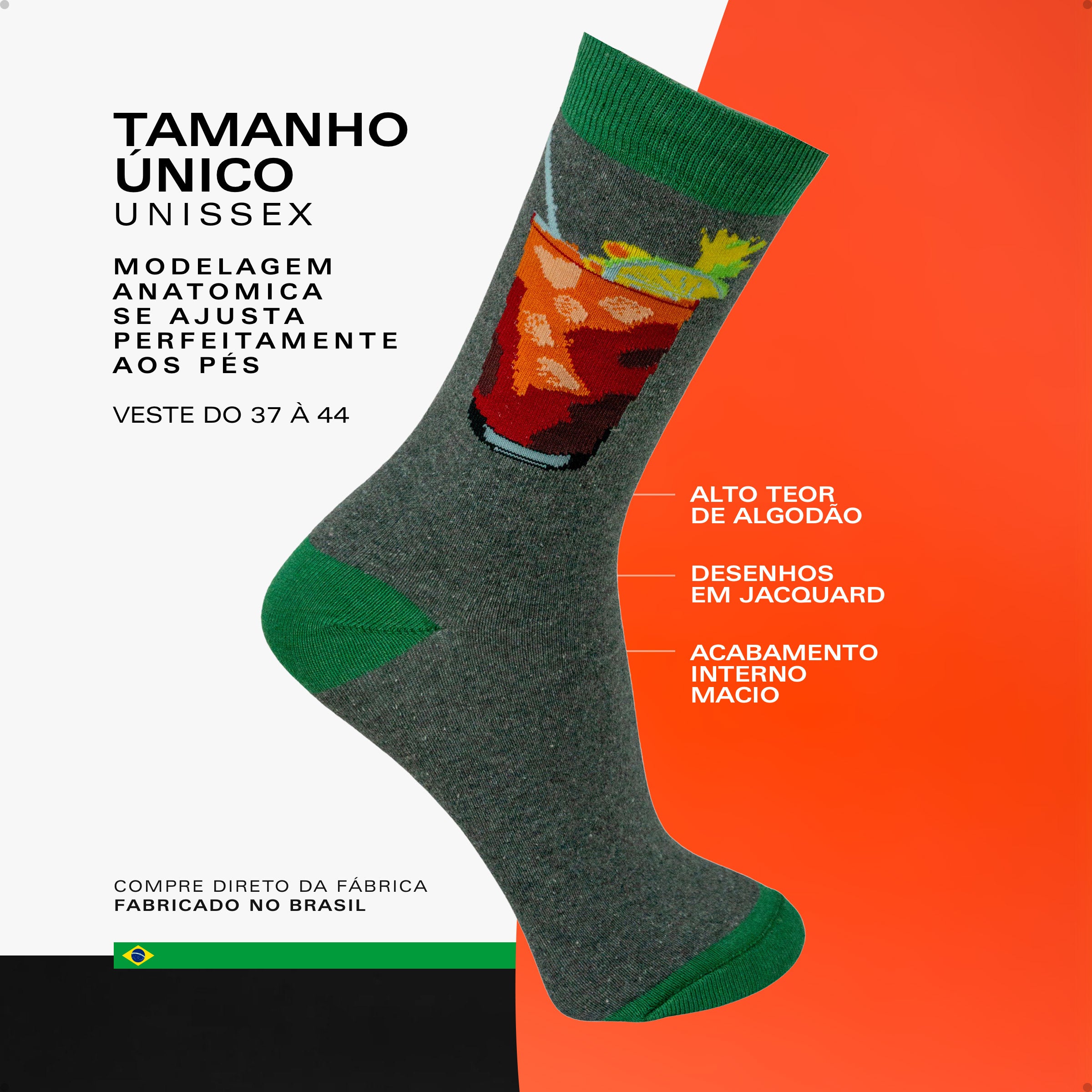 Meia Divertida Estampada Oddo Cano Longo Cinza Drink