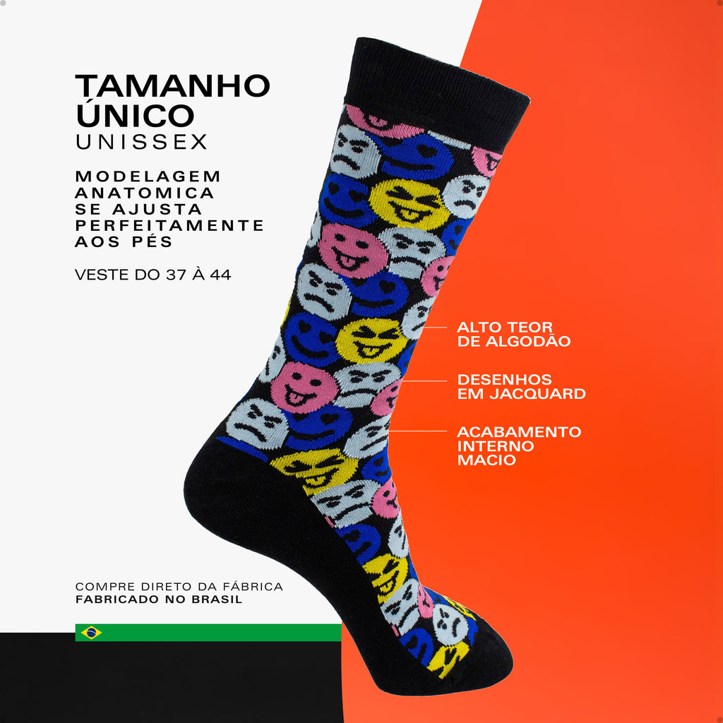 Meia Divertida Estampada Oddo Cano Longo Emoji Colorido