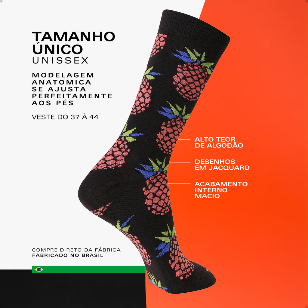 Meia Divertida Estampada Oddo Cano Longo Preta Abacaxi