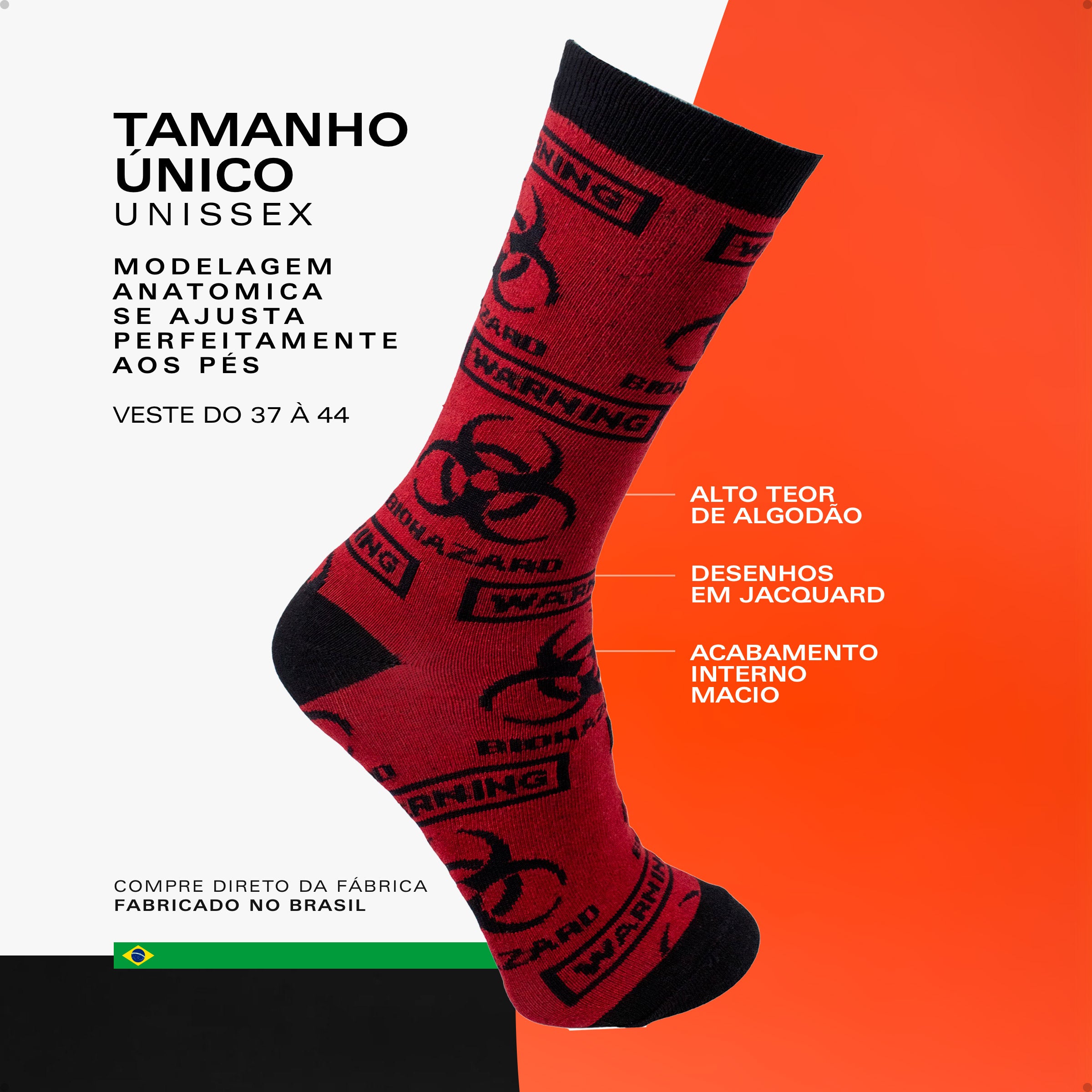 Meia Divertida Estampada Oddo Cano Longo Vermelha Alerta Warning