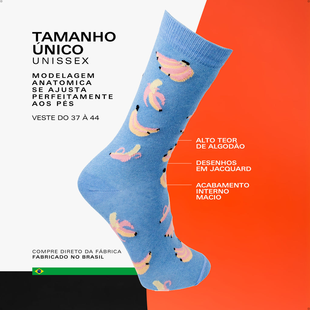 Meia Divertida Estampada Oddo Cano Longo Azul Banana