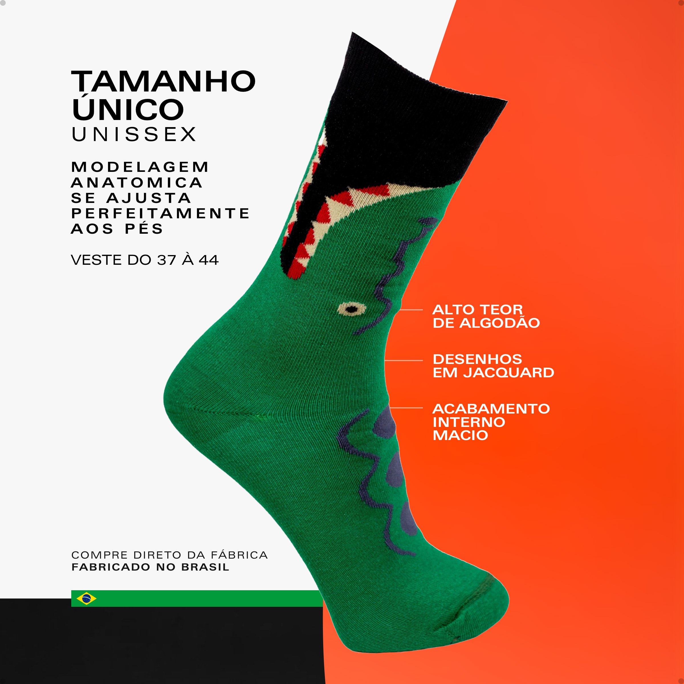 Meia Divertida Estampada Oddo Cano Longo Verde Jacaré Mordida