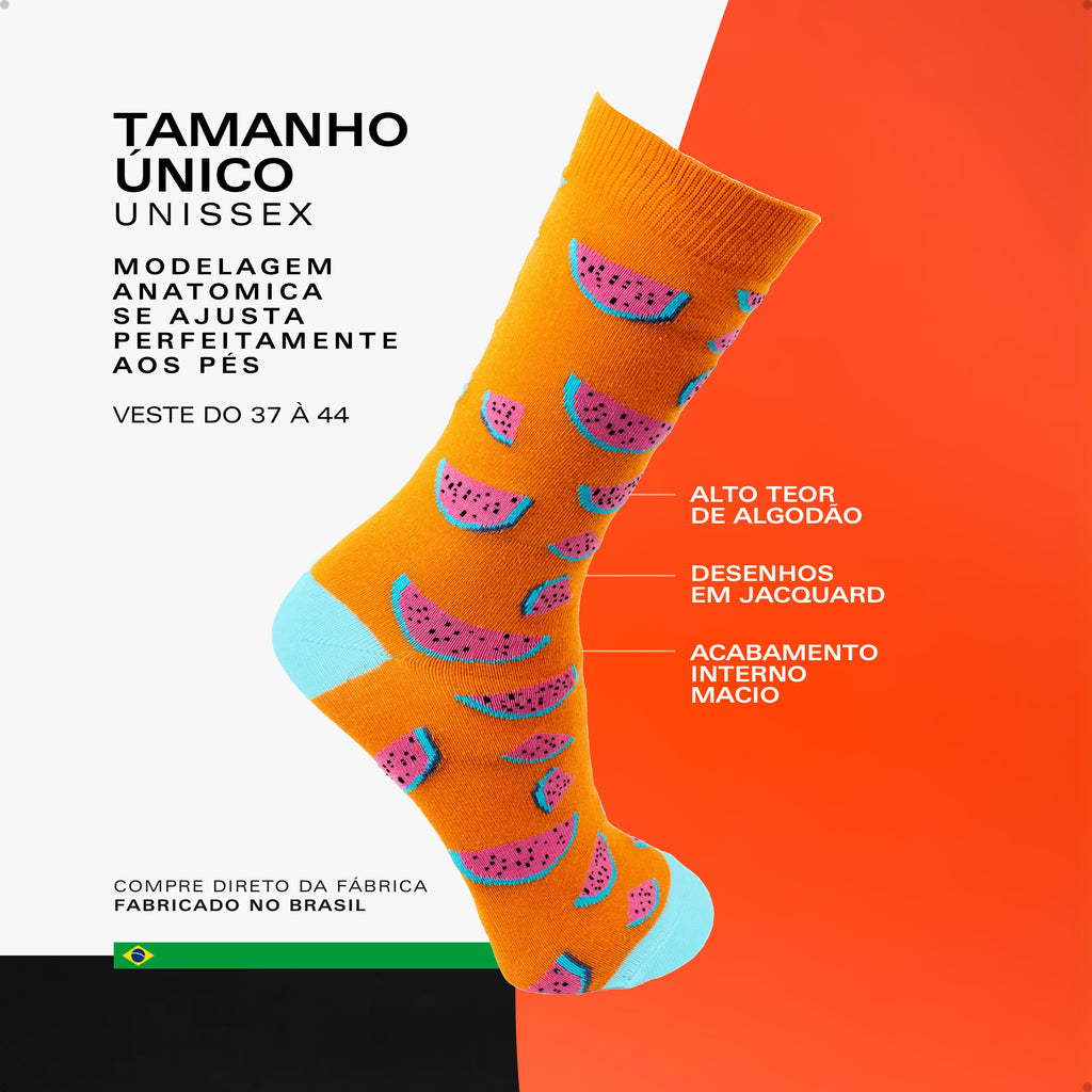 Meia Divertida Estampada Oddo Cano Longo Laranja Melancia