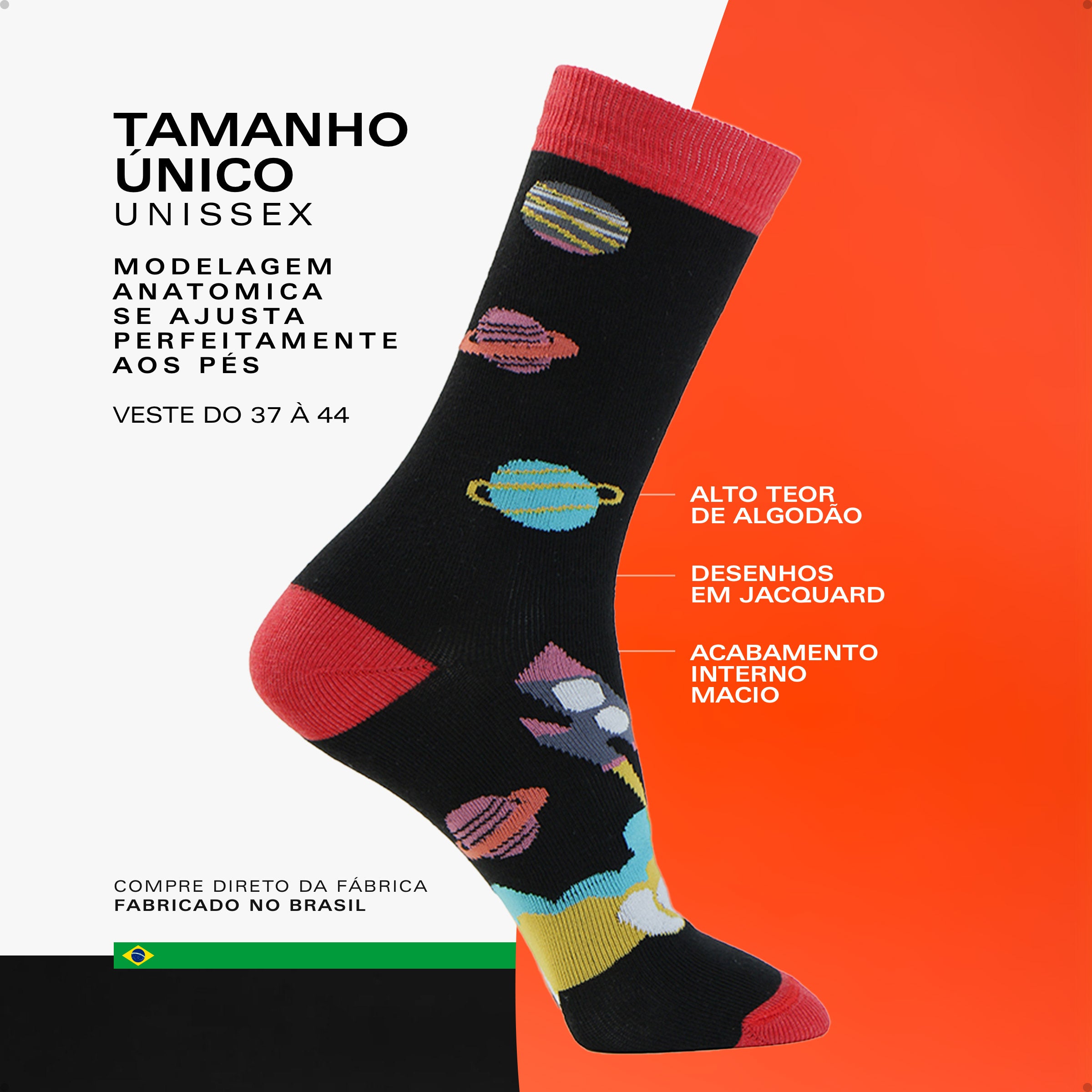 Meia Divertida Estampada Oddo Cano Longo Preta Espaço Sideral Planetas