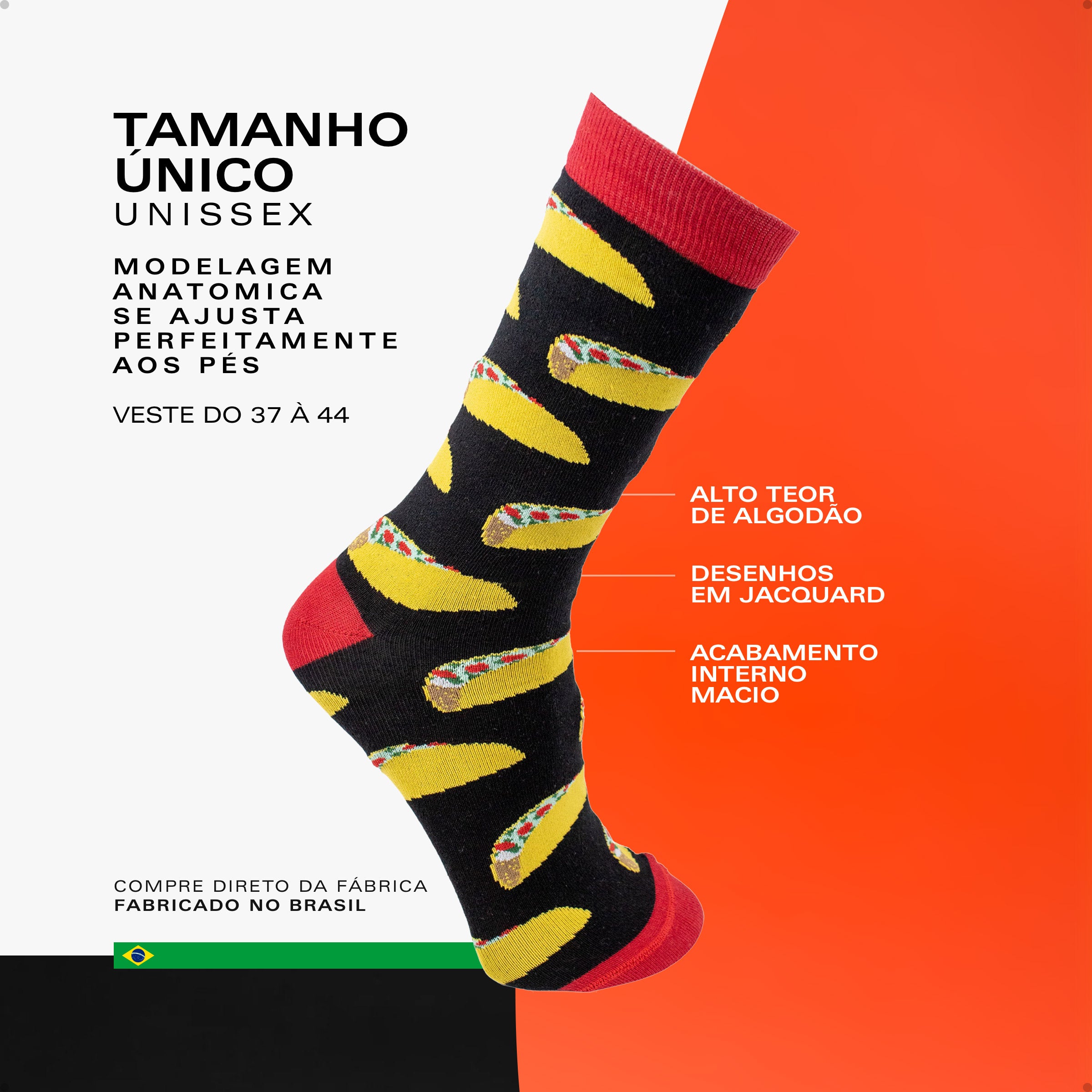 Meia Divertida Estampada Oddo Cano Longo Preta Tacos Mexicanos