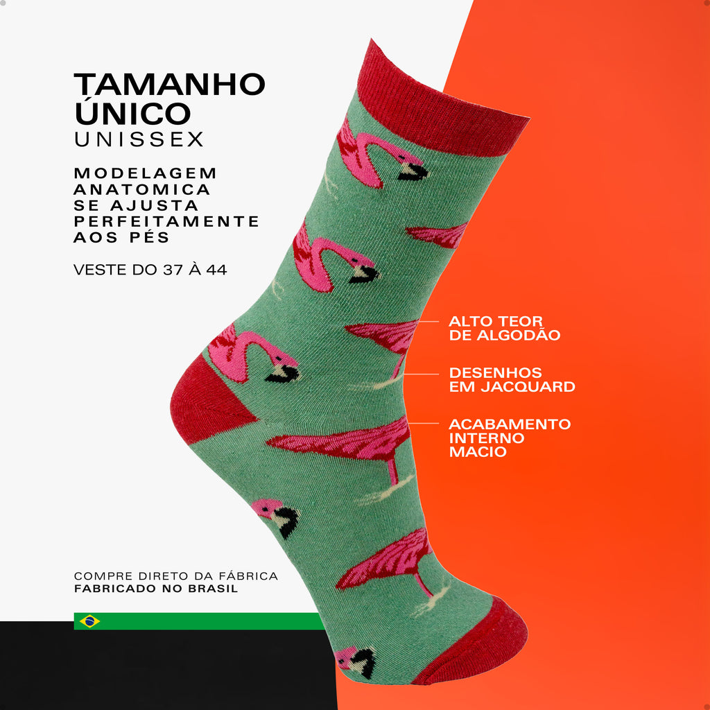 Meia Divertida Estampada Oddo Cano Longo Verde Flamingo