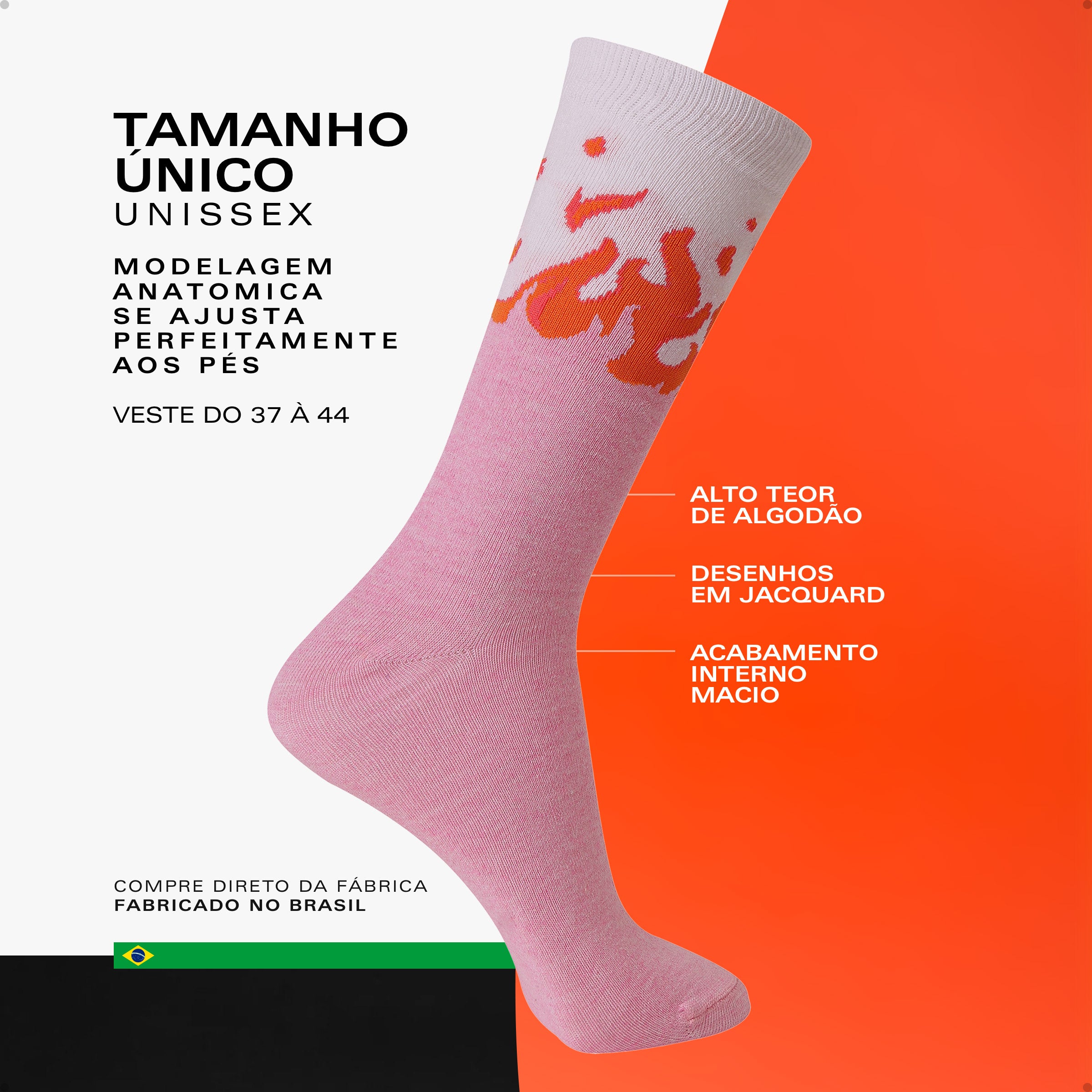 Meia Divertida Estampada Oddo Cano Longo Rosa Chama de Fogo