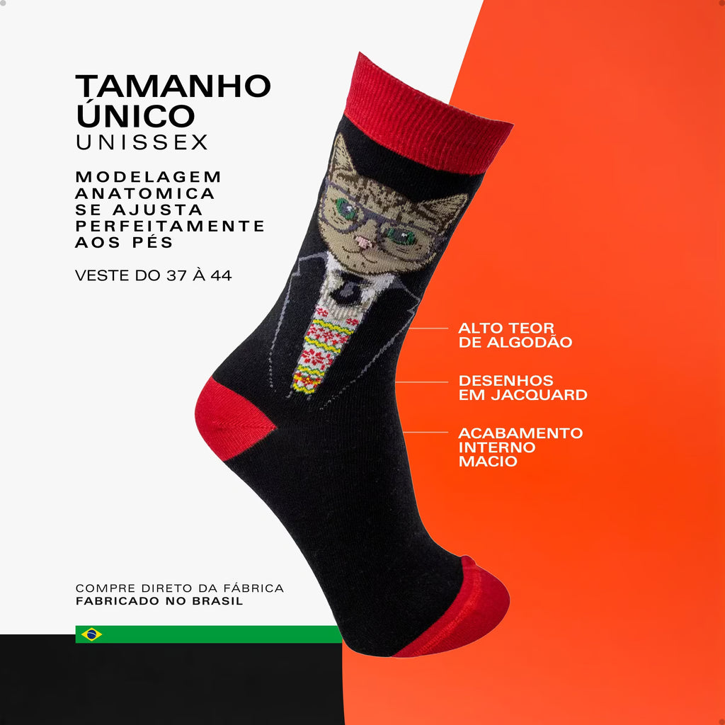 Meia Divertida Estampada Oddo Cano Longo  Vermelha Preta Gato Óculos