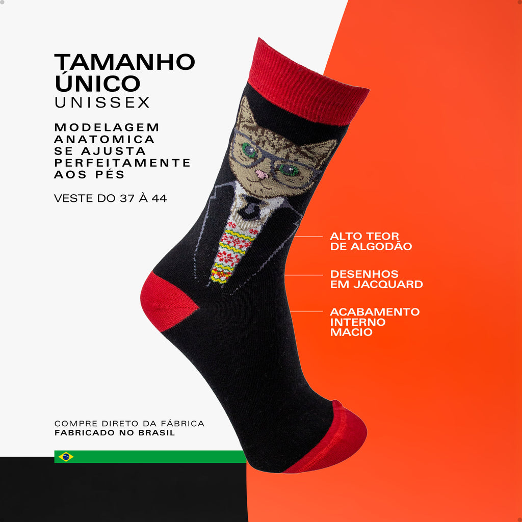 Meia Divertida Estampada Oddo Cano Longo  Vermelha Preta Gato Óculos