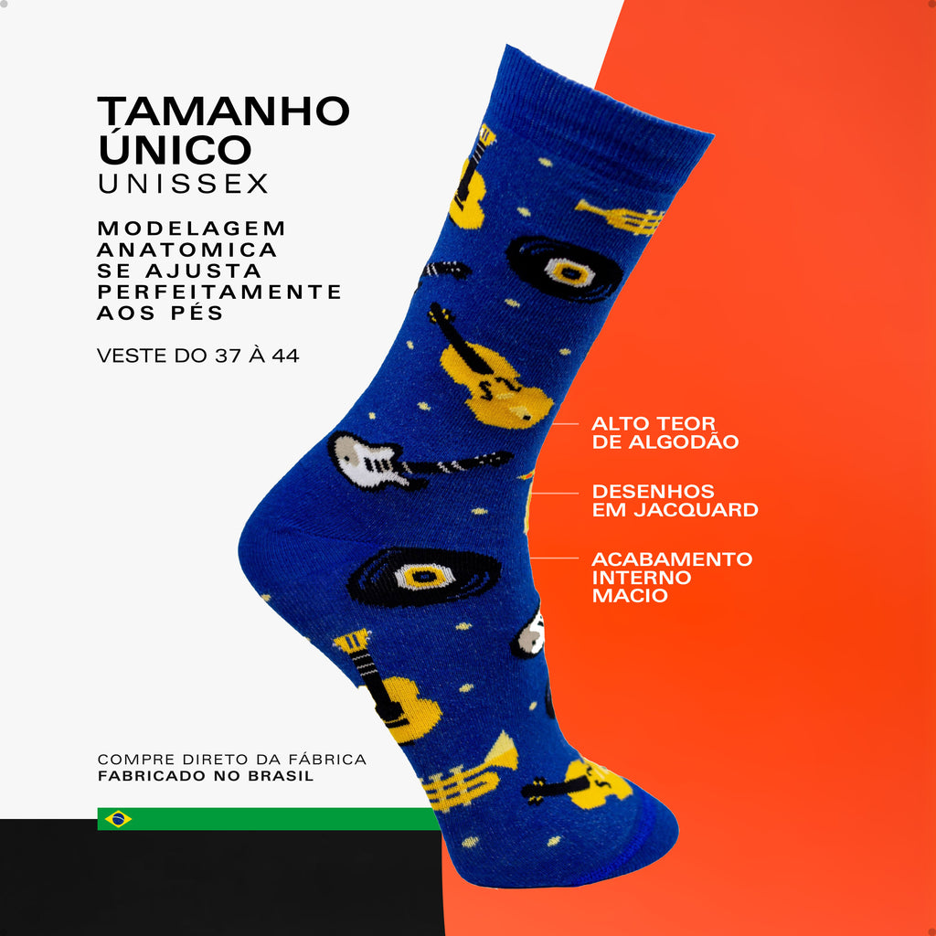 Meia Divertida Estampada Oddo Cano Longo Azul Instrumentos Musicais