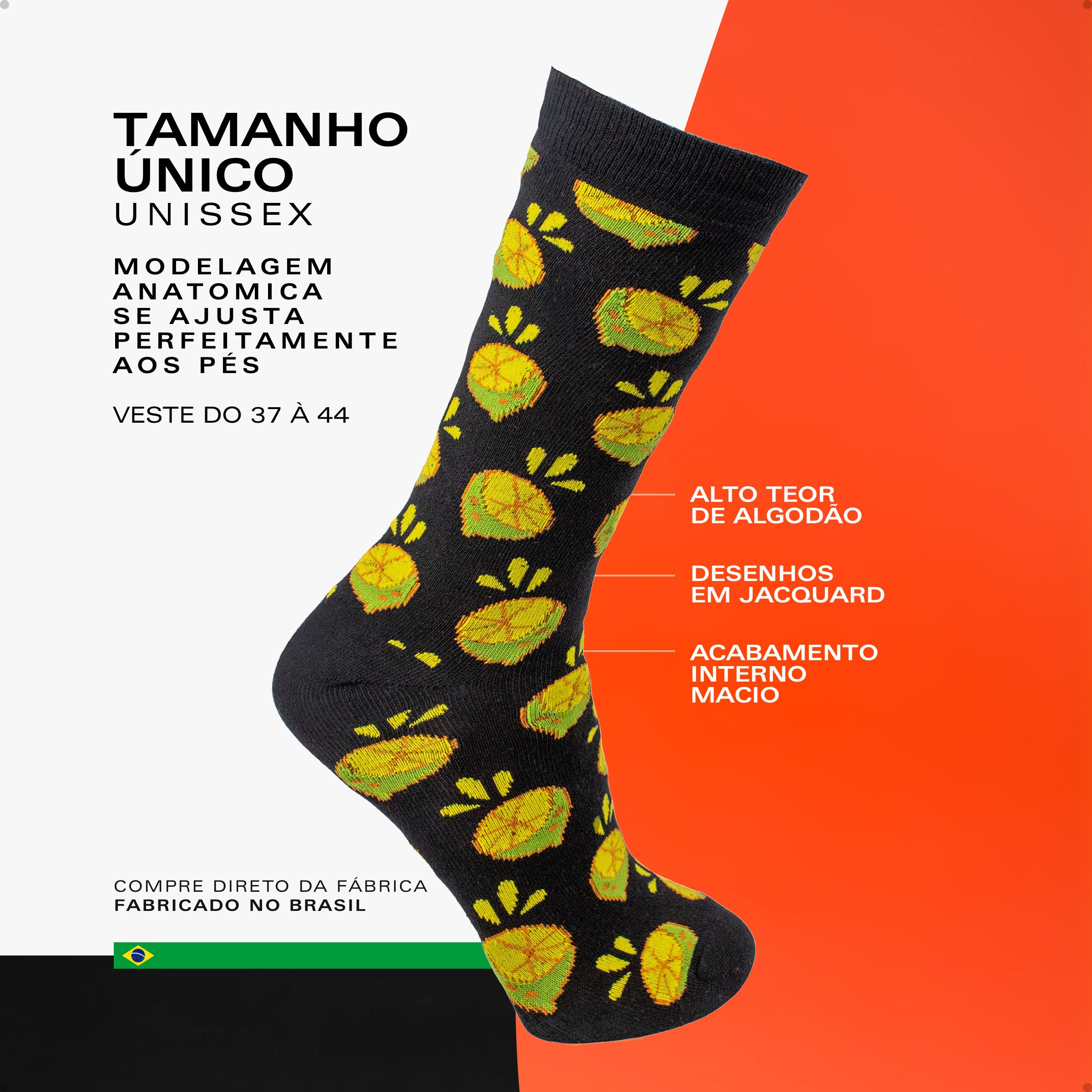 Meia Divertida Estampada Oddo Cano Longo Preta Limão