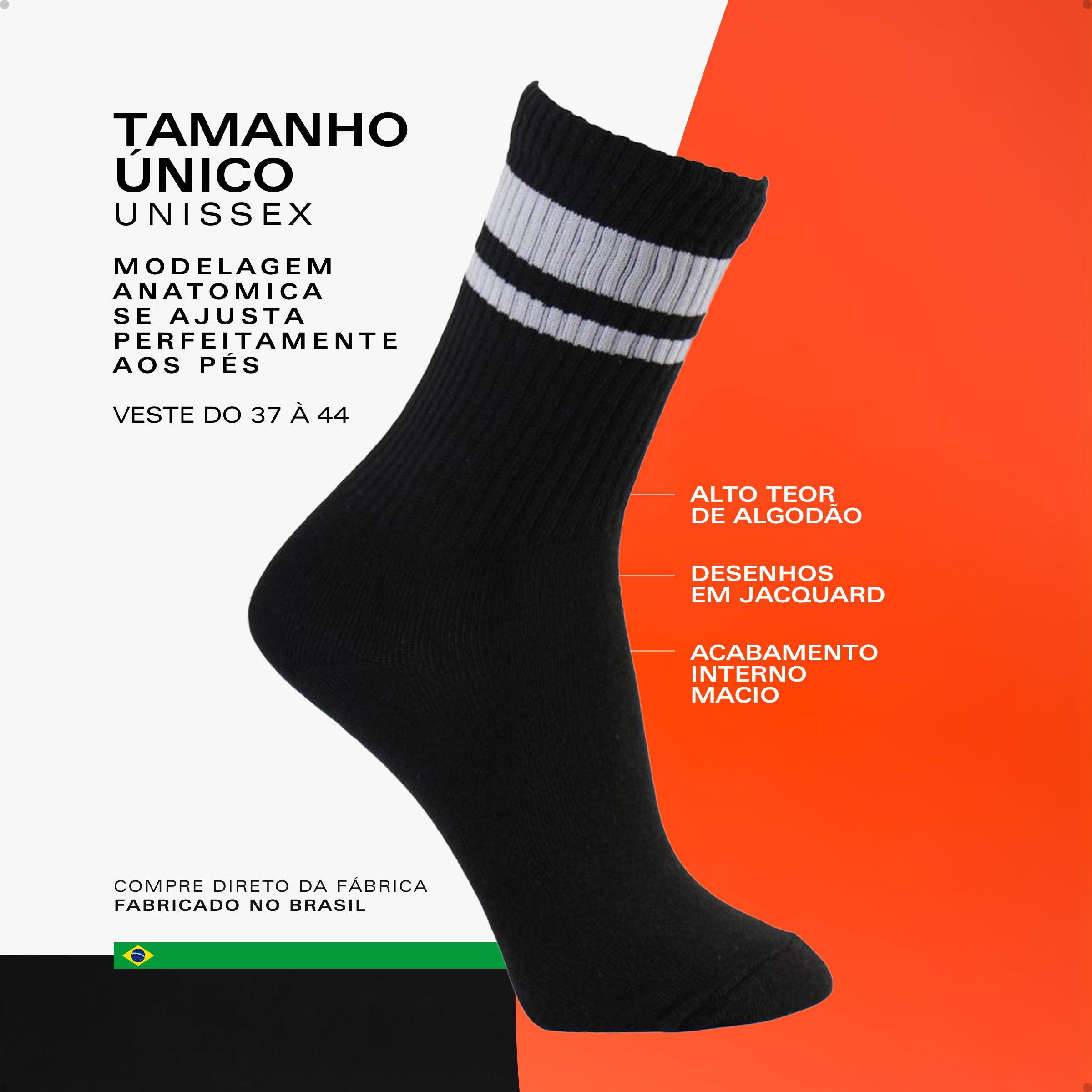 Meia Divertida Estampada Oddo Cano Longo Preta Uma Listra e Meia Branca