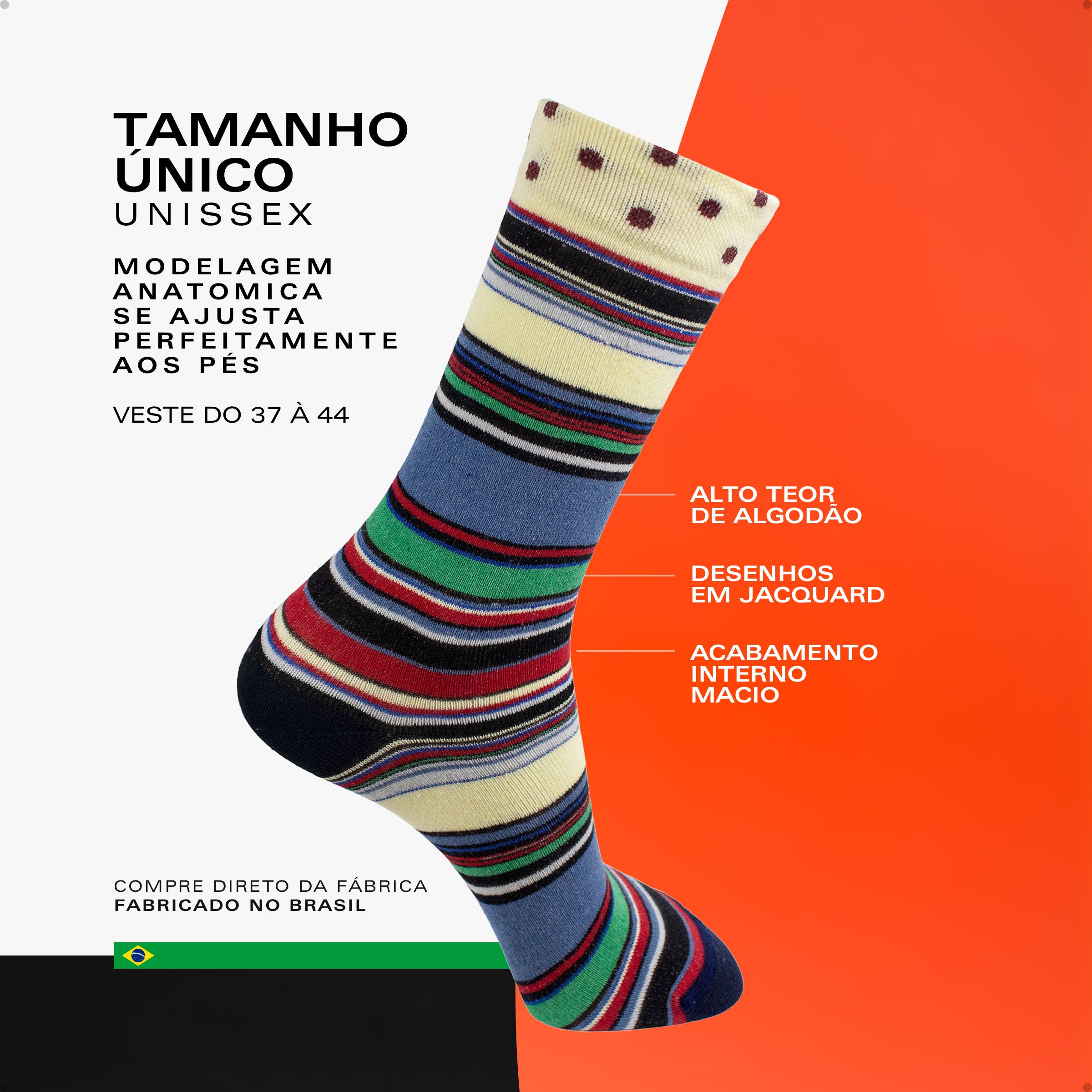 Meia Divertida Estampada Oddo Cano Longo Listras Coloridas Claras