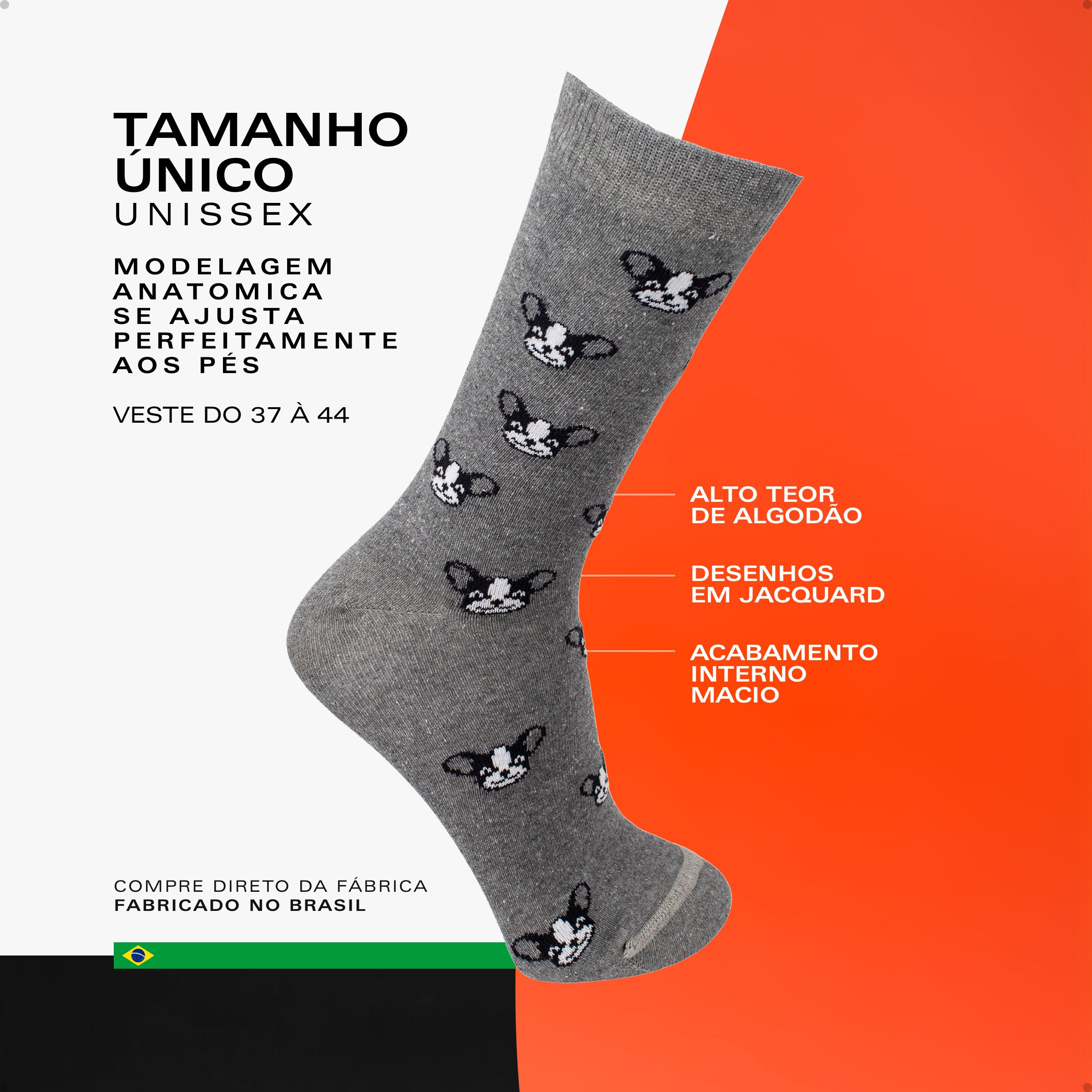 Meia Divertida Estampada Oddo Cano Longo Cinza Mini Bulldog Francês