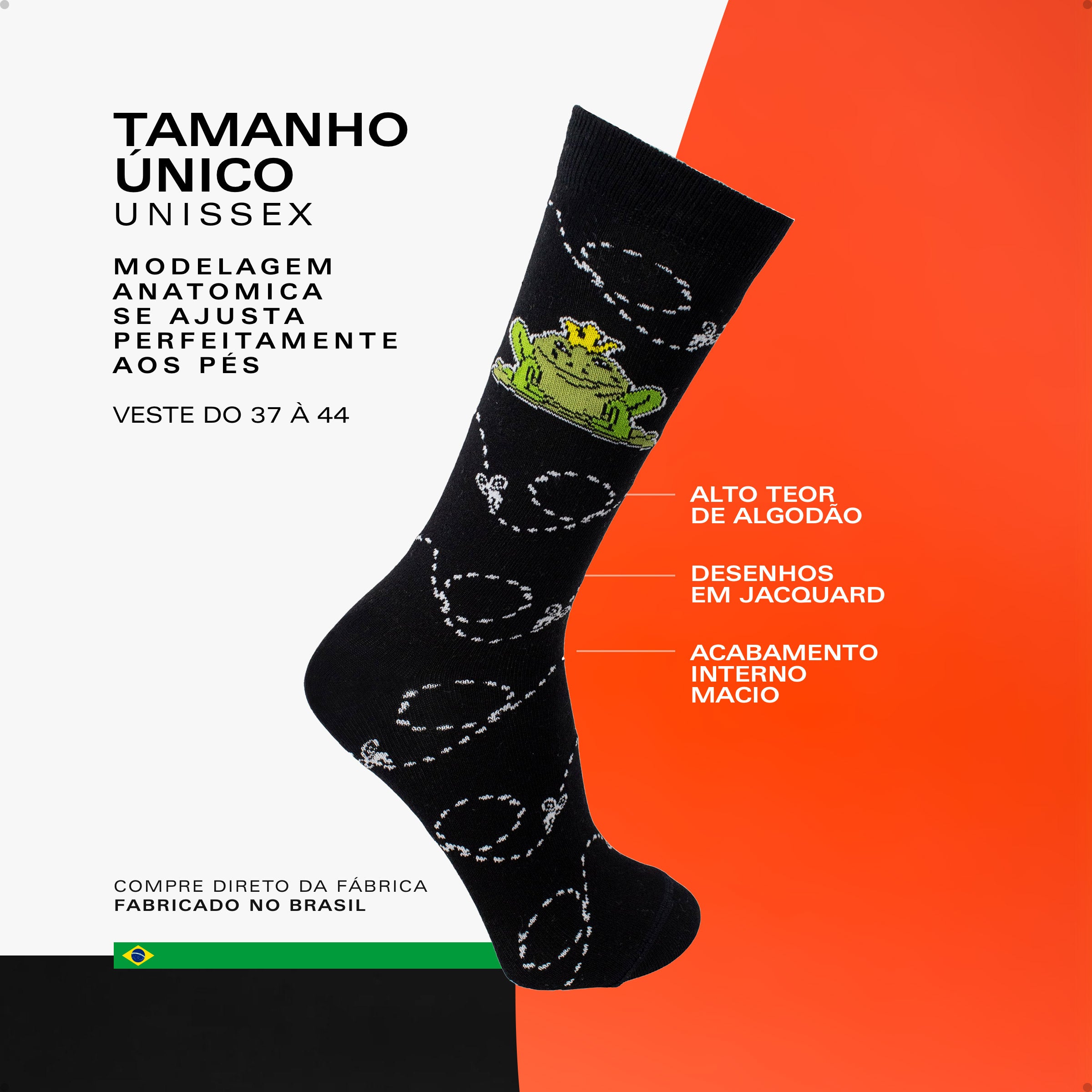 Meia Divertida Estampada Oddo Cano Longo Preta Sapo Cururu