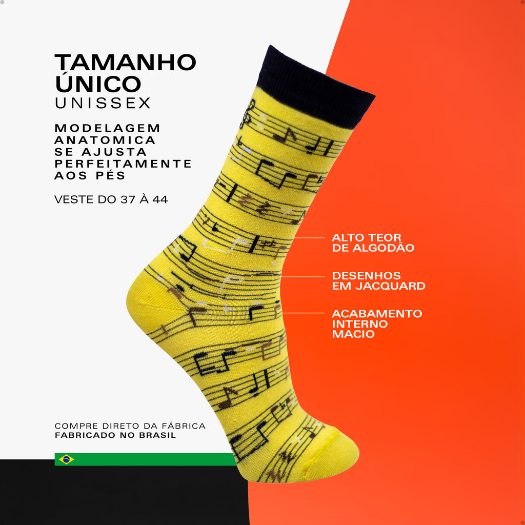 Meia Divertida Estampada Oddo Cano Longo Amarela Notas Musicais