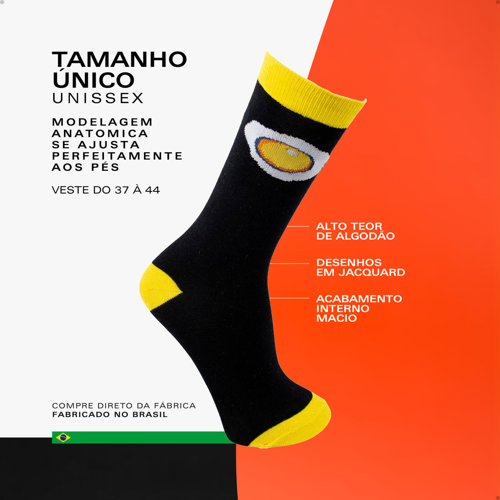 Meia Divertida Estampada Oddo Cano Longo Preto Ovo