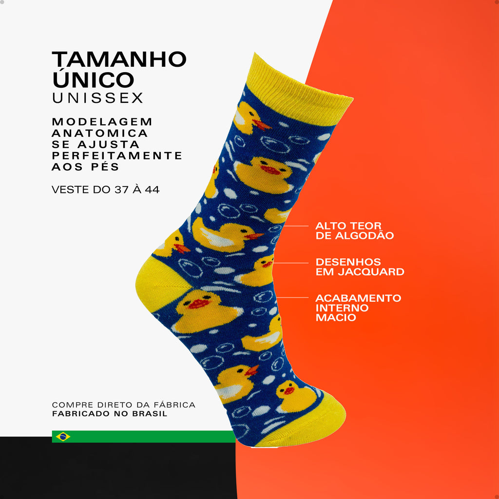 Meia Divertida Estampada Oddo Cano Longo Azul Patinho De Borracha