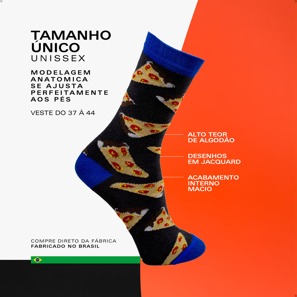 Meia Divertida Estampada Oddo Cano Longo Preta Pizza