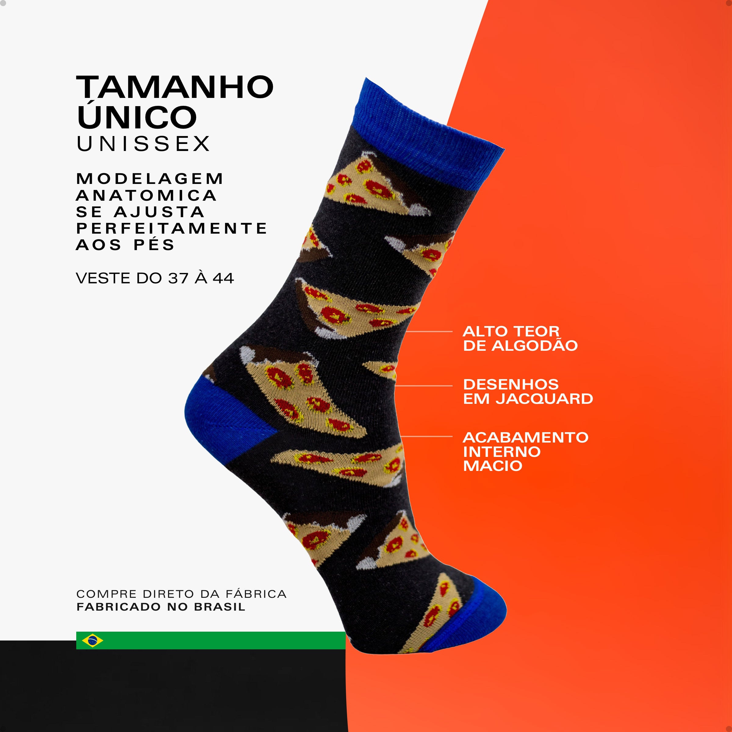 Meia Divertida Estampada Oddo Cano Longo Preta Pizza