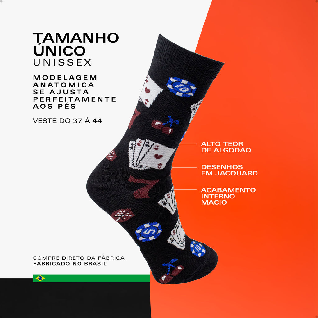 Meia Divertida Estampada Oddo Cano Longo Preta Poker