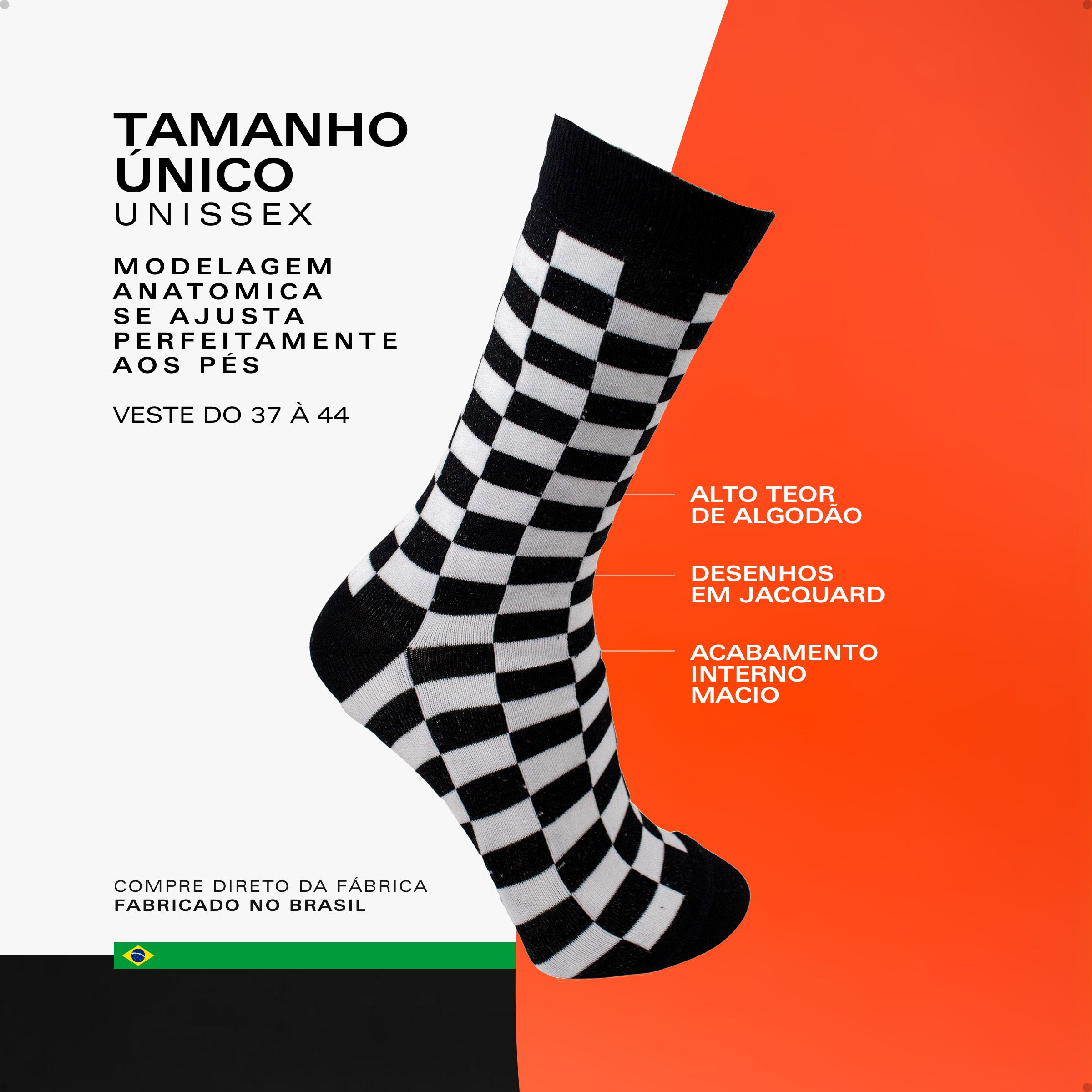 Meia Divertida Estampada Oddo Cano Longo Preta Branca Quadriculada