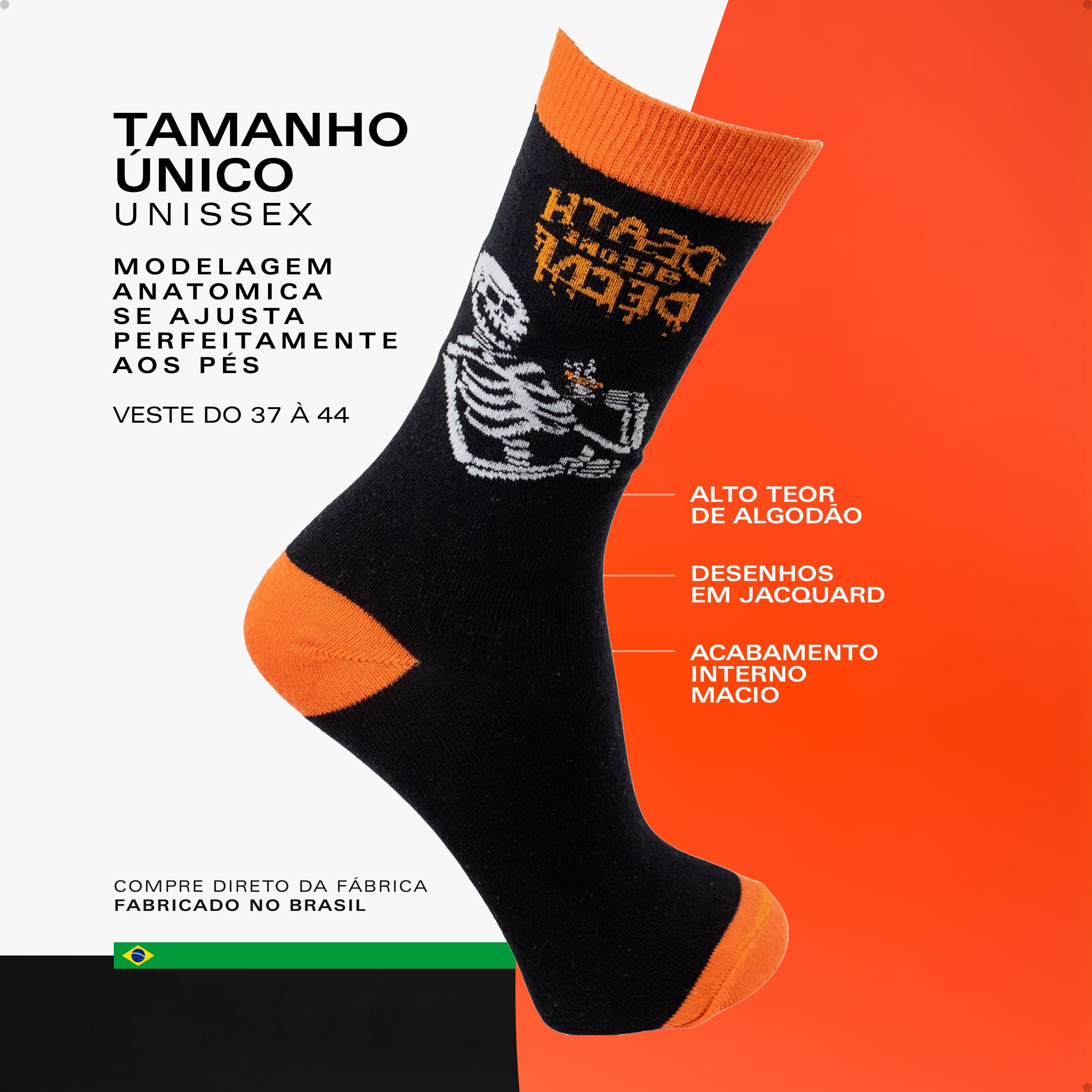 Meia Divertida Estampada Oddo Cano Longo Preto Laranja Cafeína Caveira