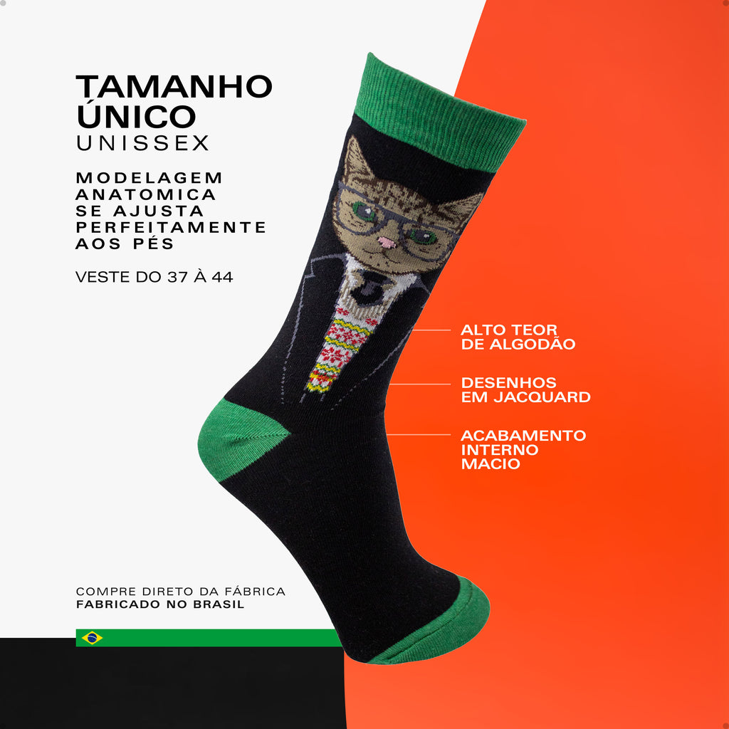 Meia Divertida Estampada Oddo Cano Longo Verde Preta Gato Óculos