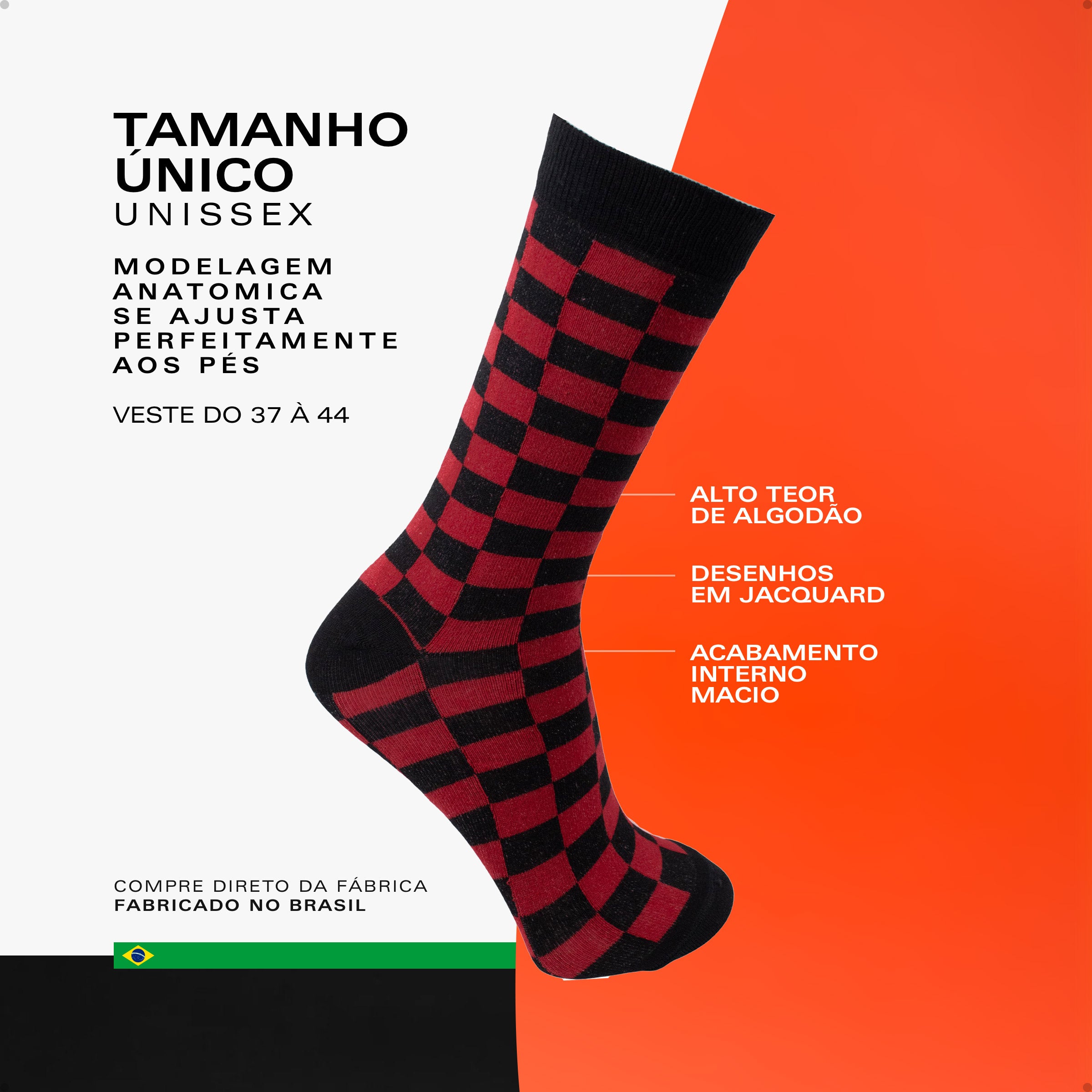 Meia Divertida Estampada Oddo Cano Longo Preta Vermelha Quadriculada