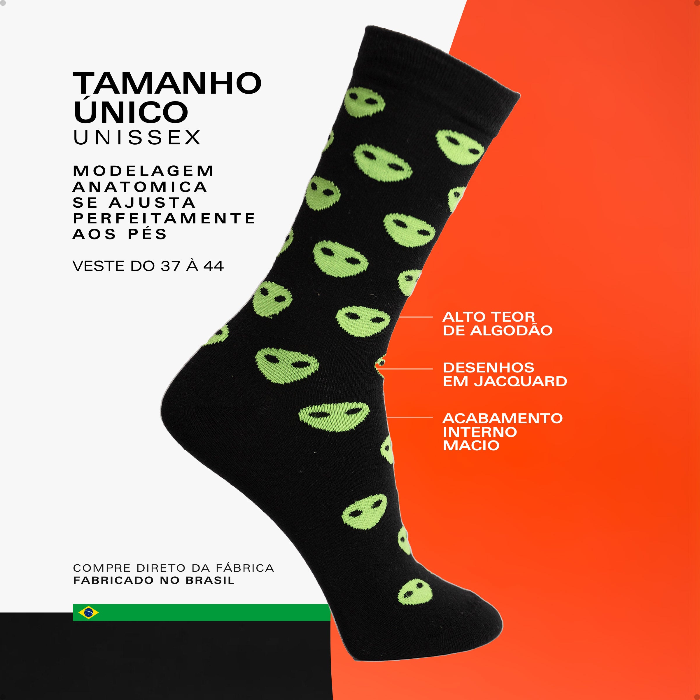 Meia Divertida Estampada Oddo Cano Longo Preta Alien