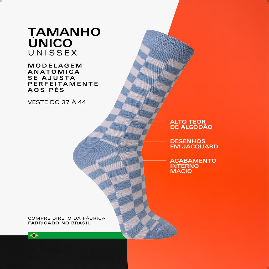 Meia Divertida Estampada Oddo Cano Longo Azul Branca Quadriculada