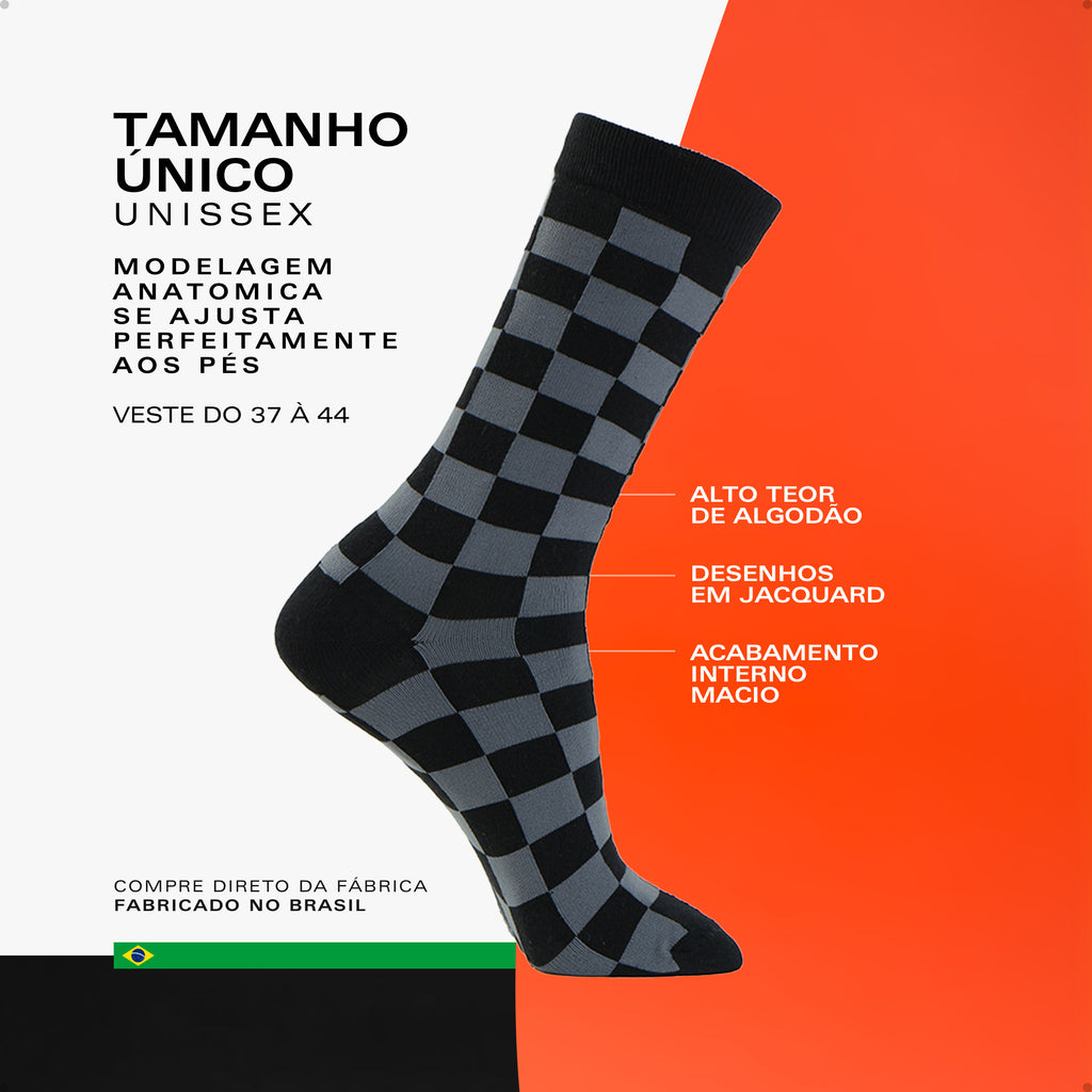 Meia Divertida Estampada Oddo Cano Longo Preta Cinza Quadriculada