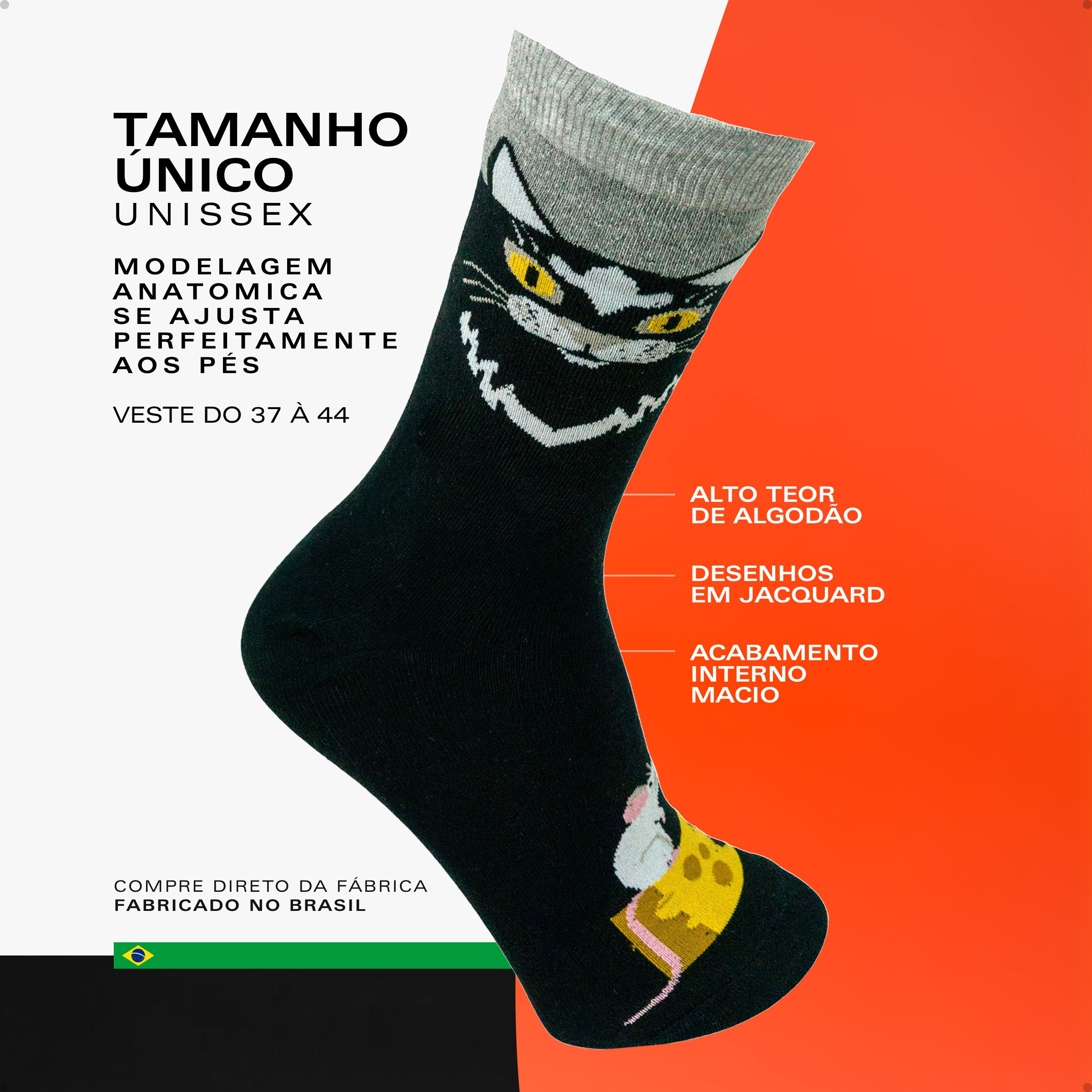 Meia Divertida Estampada Oddo Cano Longo Preta Gato Salem